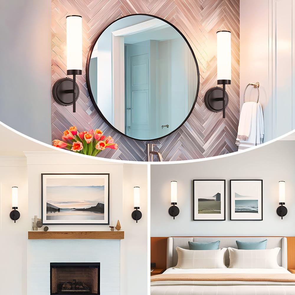 DSMJFU Matte Black Wall Sconces Set of 2, Hardwired Modern Lighting with Opal White Glass, 15.94in for Bathroom, Living Room, Hallway