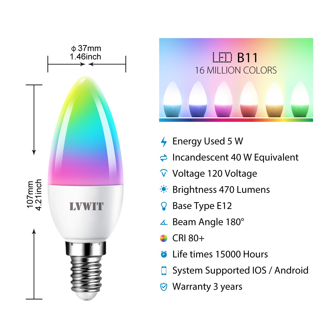 Lvwit Smart Light Bulb, B11 Smart Candelabra Led Bulb, E12 Base Wifi Chandelier Light Bulb, Color Changing, Dimmable, Work With