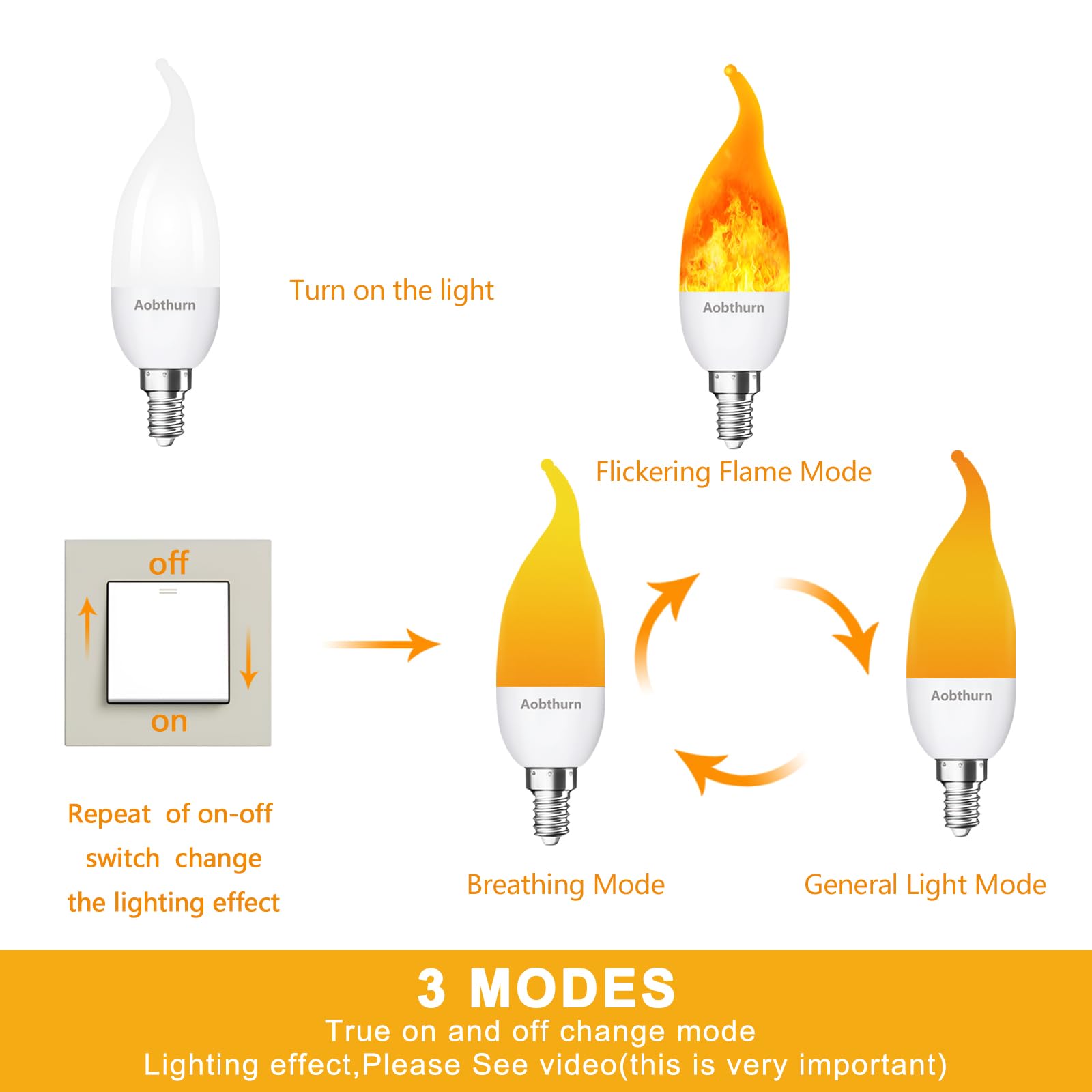 Aobthurn Flame Light Bulbs, 3 Modes Led Flame Effect Light Bulb, E12 Base Flickering Light Bulb With Gravity Sensor, Flickering