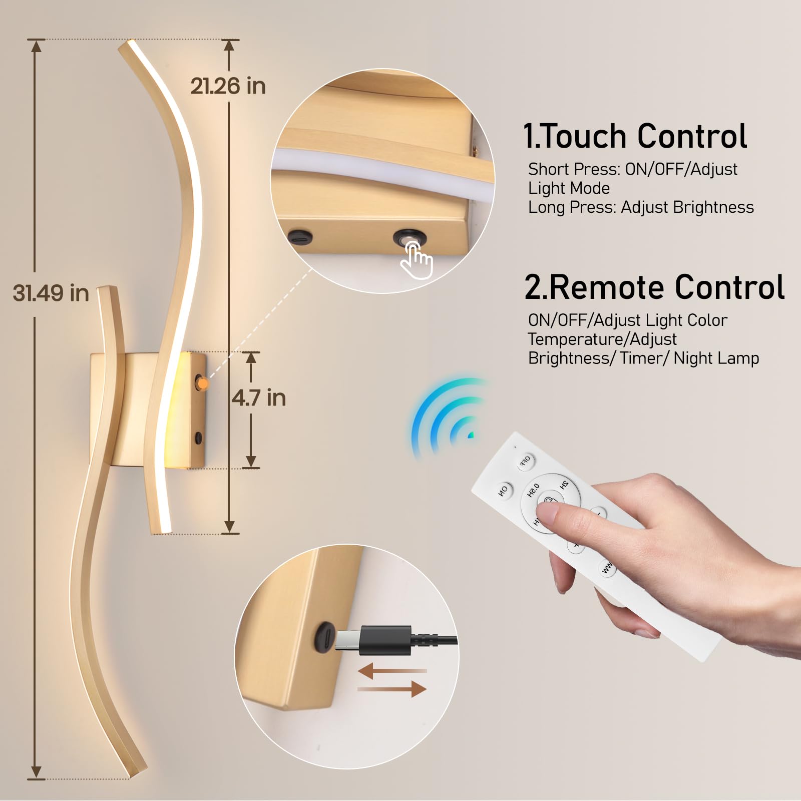 Caneoe Battery Operated Wall Sconces With Remote Control,Rechargeable Dimmable Touch Wall Sconces Set Of Two,3000K-6500K Led Wir