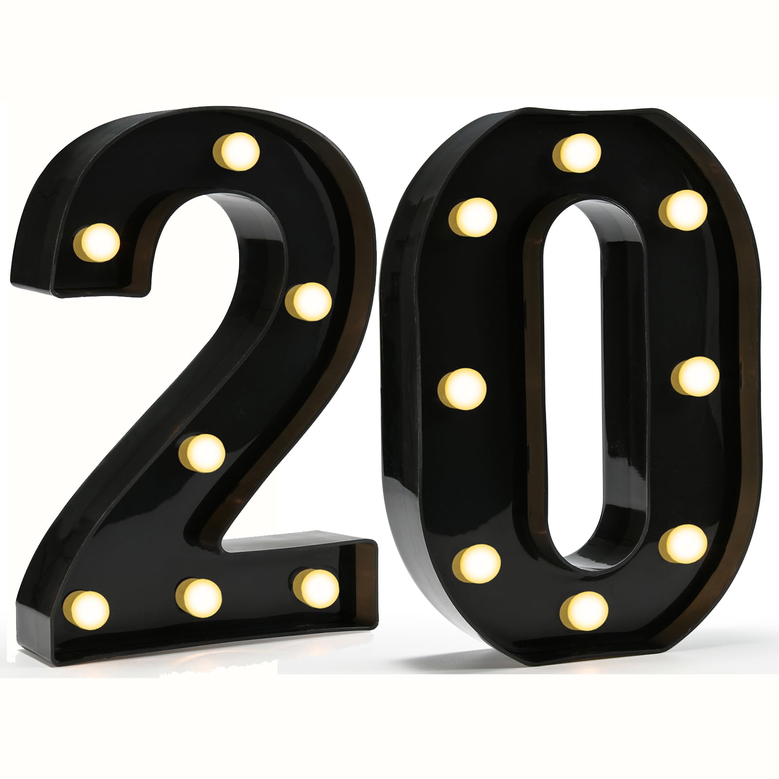 Pooqla Light Up Number Sign, LED Decorative Marquee for 20th Birthday, Black, Model LL-BLC-20, Battery Powered, Plastic