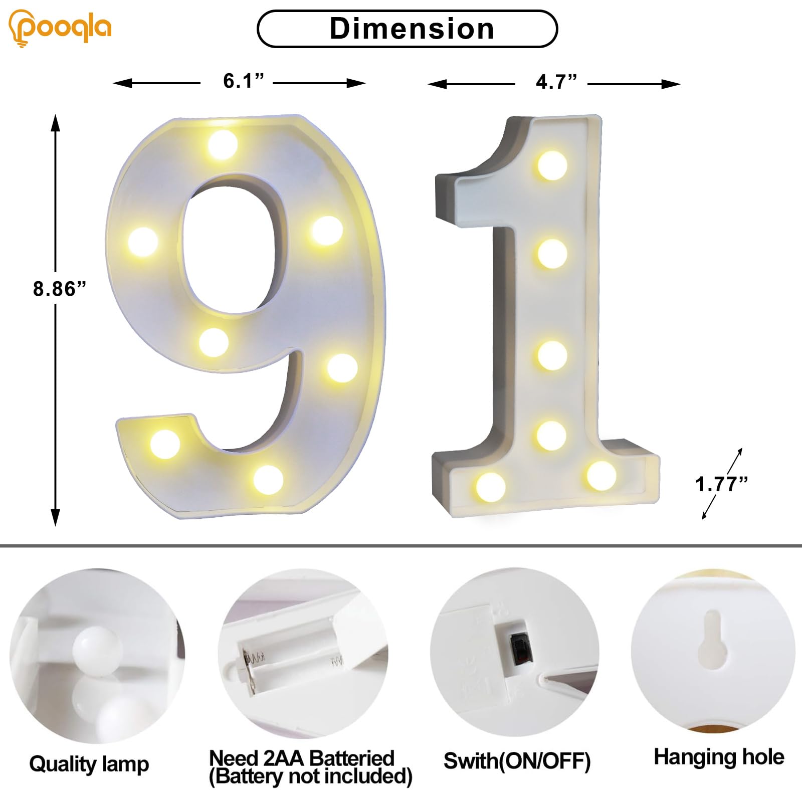 Pooqla Decorative Led Light Up Number Letters, White Plastic Marquee Number Lights Sign For 91Th Birthday Party Wedding Decor Battery Operated Number (91)