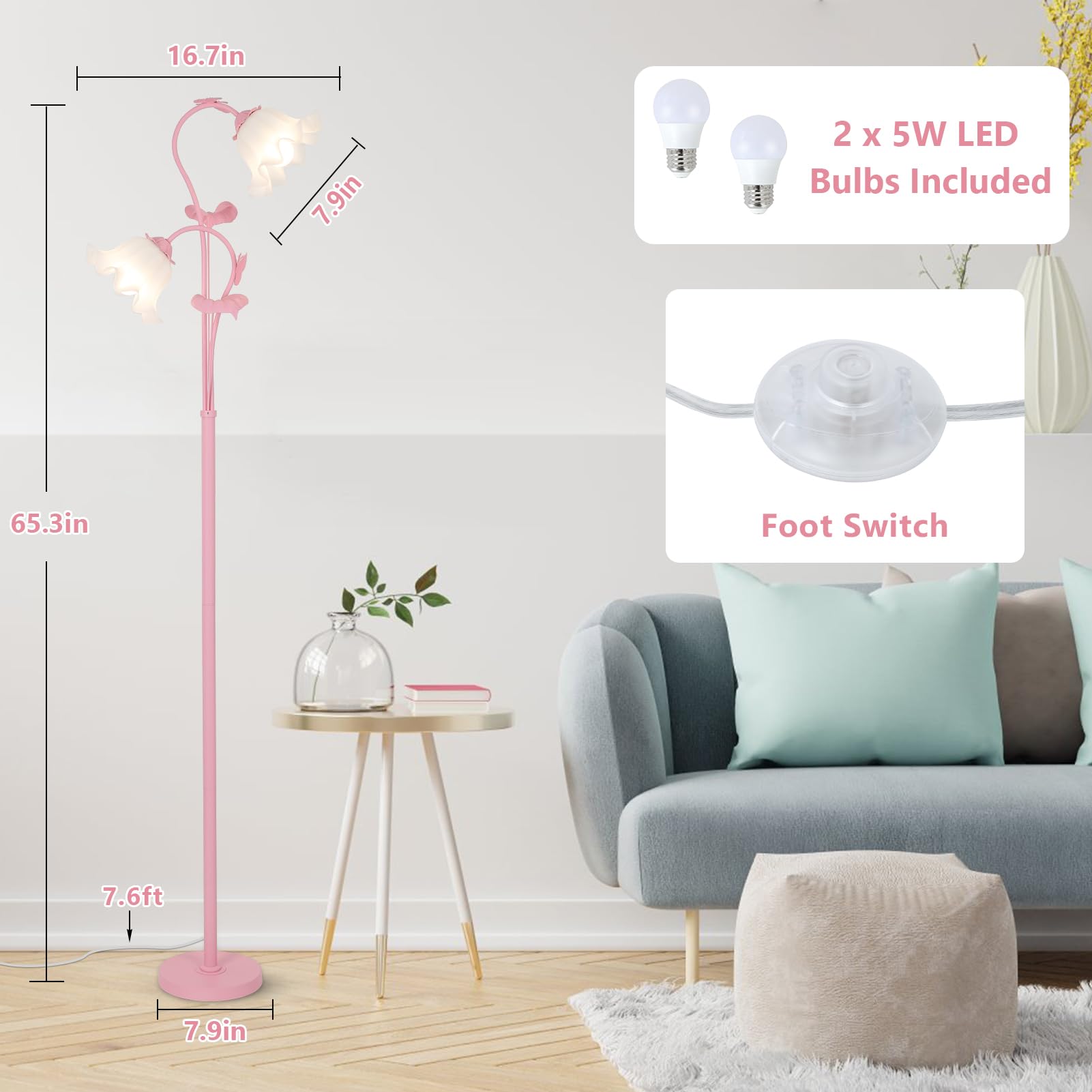HMVPL Pink Flower Floor Lamp, Modern 2 LED 5W Standing Lamp with Foot Switch, Acrylic Shade, Stylish Decor for Living Room & Bedroom