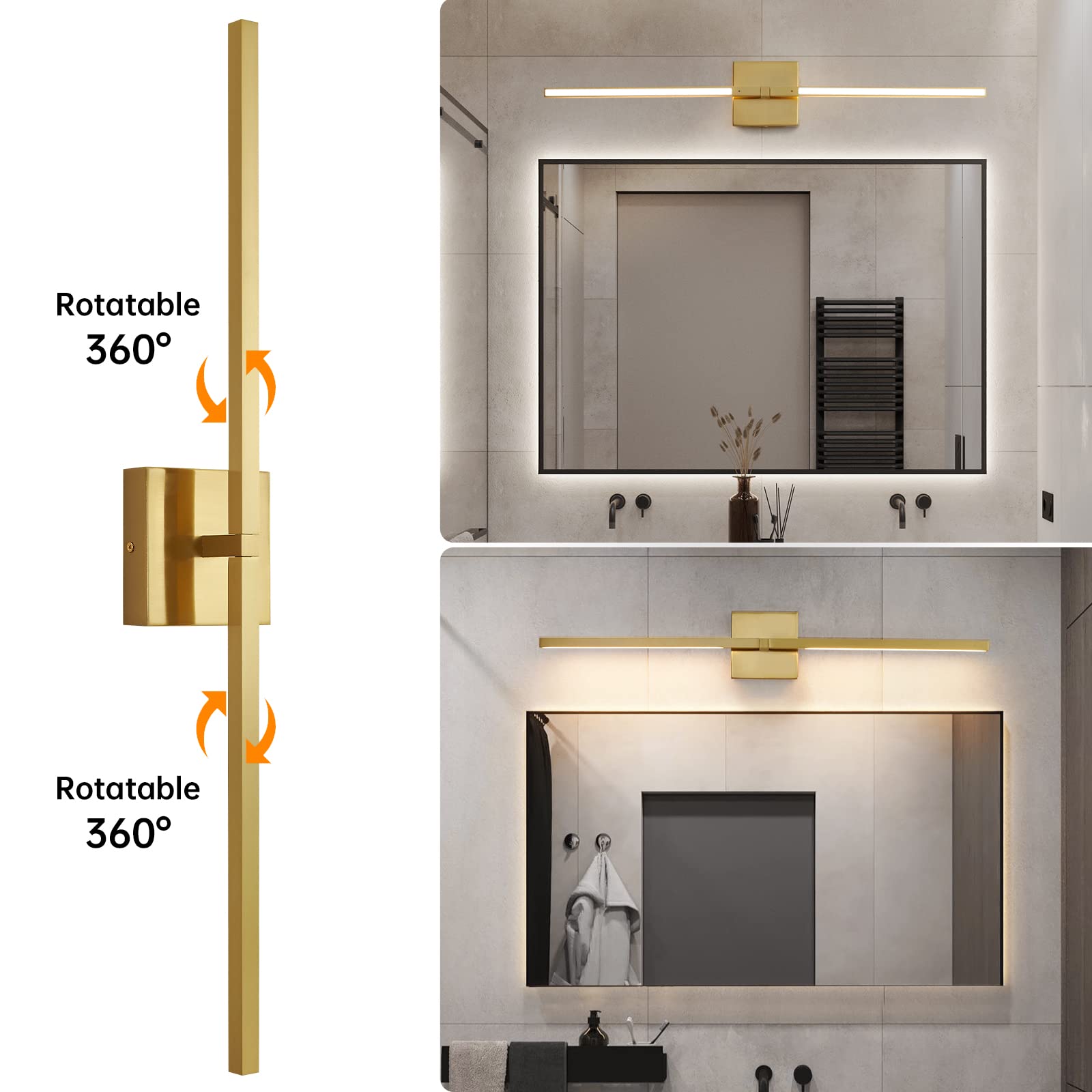 CCYCOL Gold LED Bathroom Vanity Light Fixture - 30" Rotatable Wall Sconce, Aluminum, 3500K Warm White, Model 8036WL-30GD