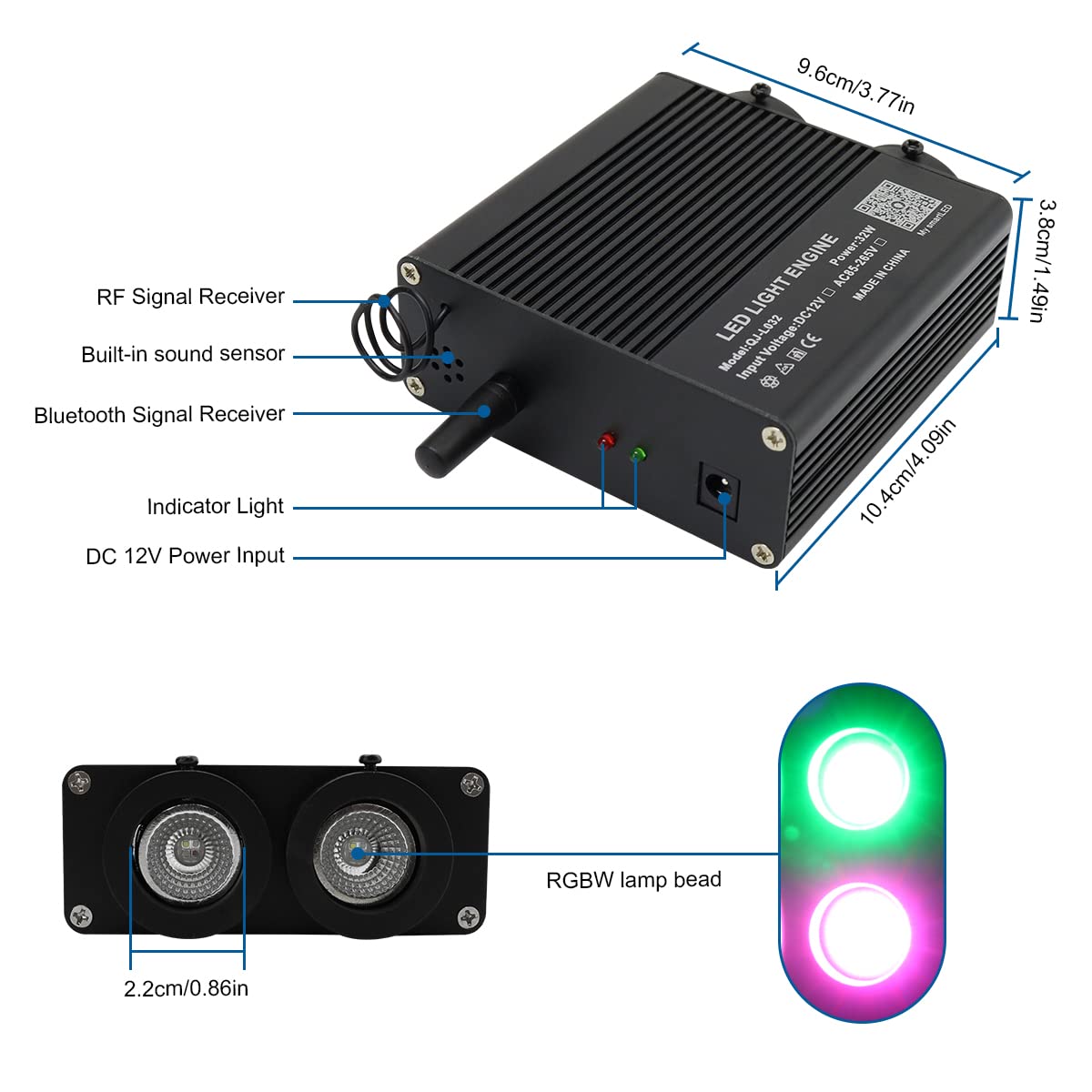 AKEPO Dual-Head Fiber Optic Light Engine, APP Control, Music Activated, 32W, Black, Model QJ-L032