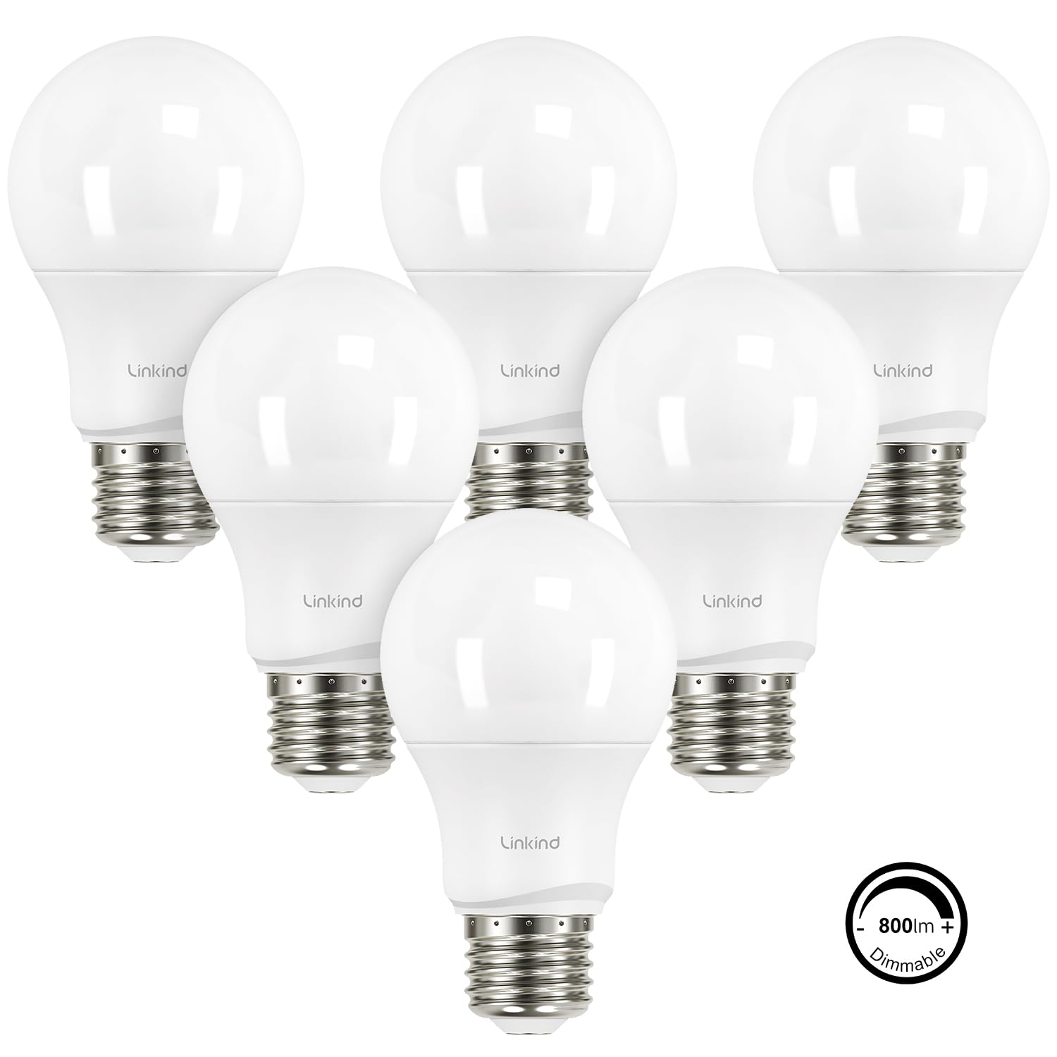 Linkind Dimmable A19 LED Light Bulbs, 60W Equivalent, 800 Lumens, 5000K Daylight, E26 Base, Pack of 6