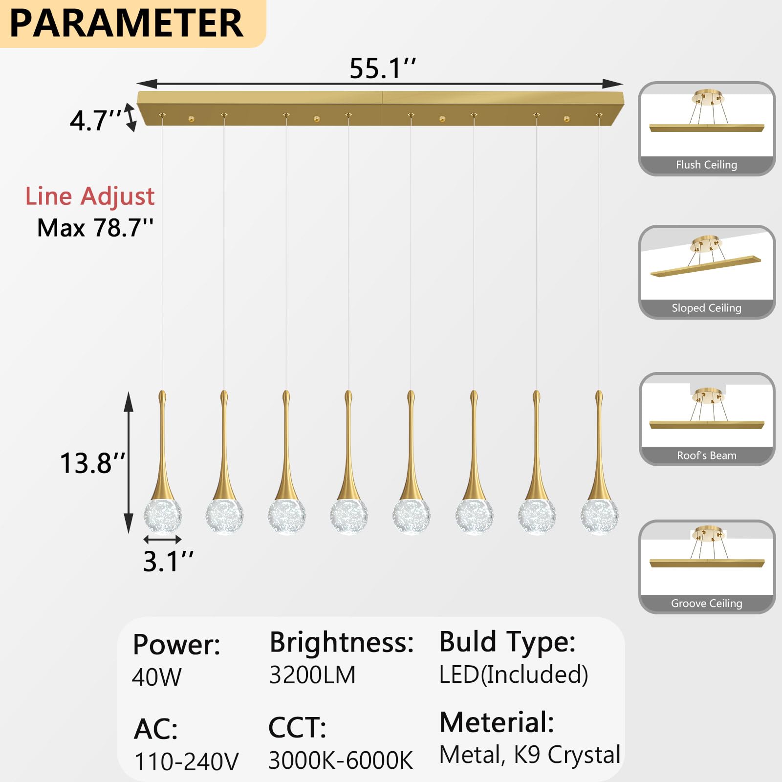 Cenozo 8 Light Rectangular Chandelier - Modern Glam Gold Crystal Pendant Light for High Ceilings, LED Dimmable, Model RS2037-8G-CT