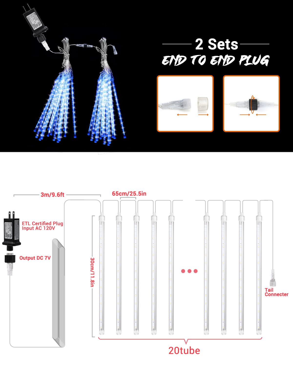 Blue 20 Tubes Meteor Shower Icicle Lights 480 Led Raindrop Lights With Timer Function Cascading Falling Rain Light For Holiday P