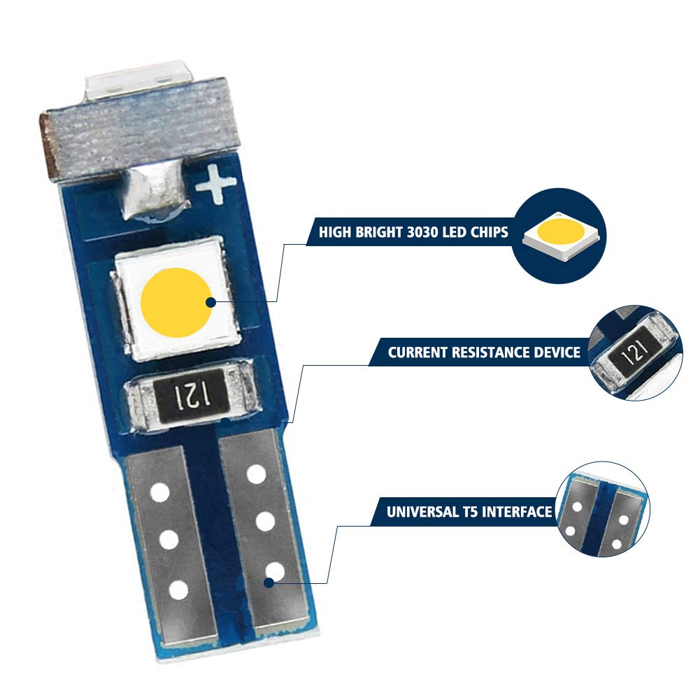 Nanpoku T5 LED Bulbs - 12 Pack Canbus Error Free White Lights for Auto Car Dashboard Gauge Cluster Indicator Lamps