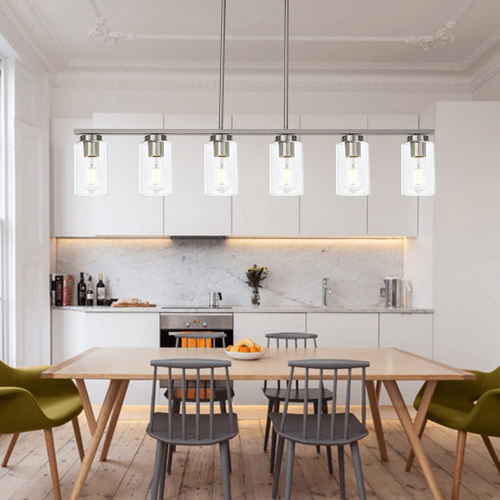 TODOLUZ 6-Light Pendant Light Fixture, Modern Brushed Nickel with Clear Glass Shades for Kitchen Island or Dining Room