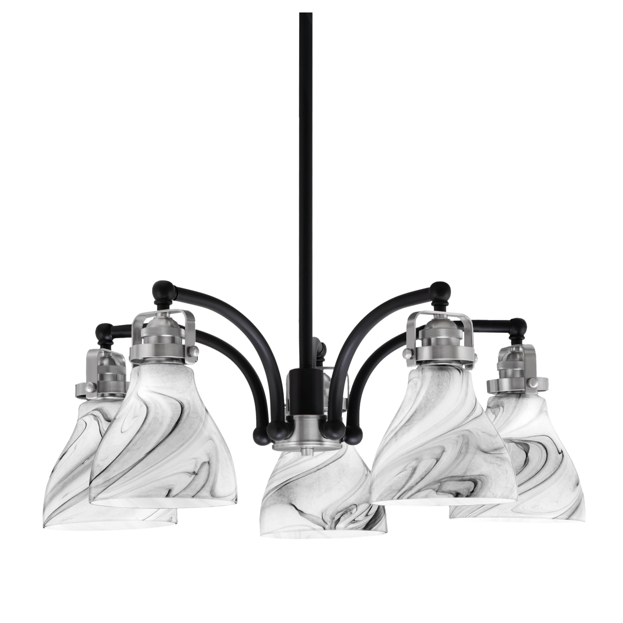 Easton Downlight, 5 Light, Chandelier Shown In Matte Black & Brushed Nickel Finish With 6.25&quot; Onyx Swirl Glass