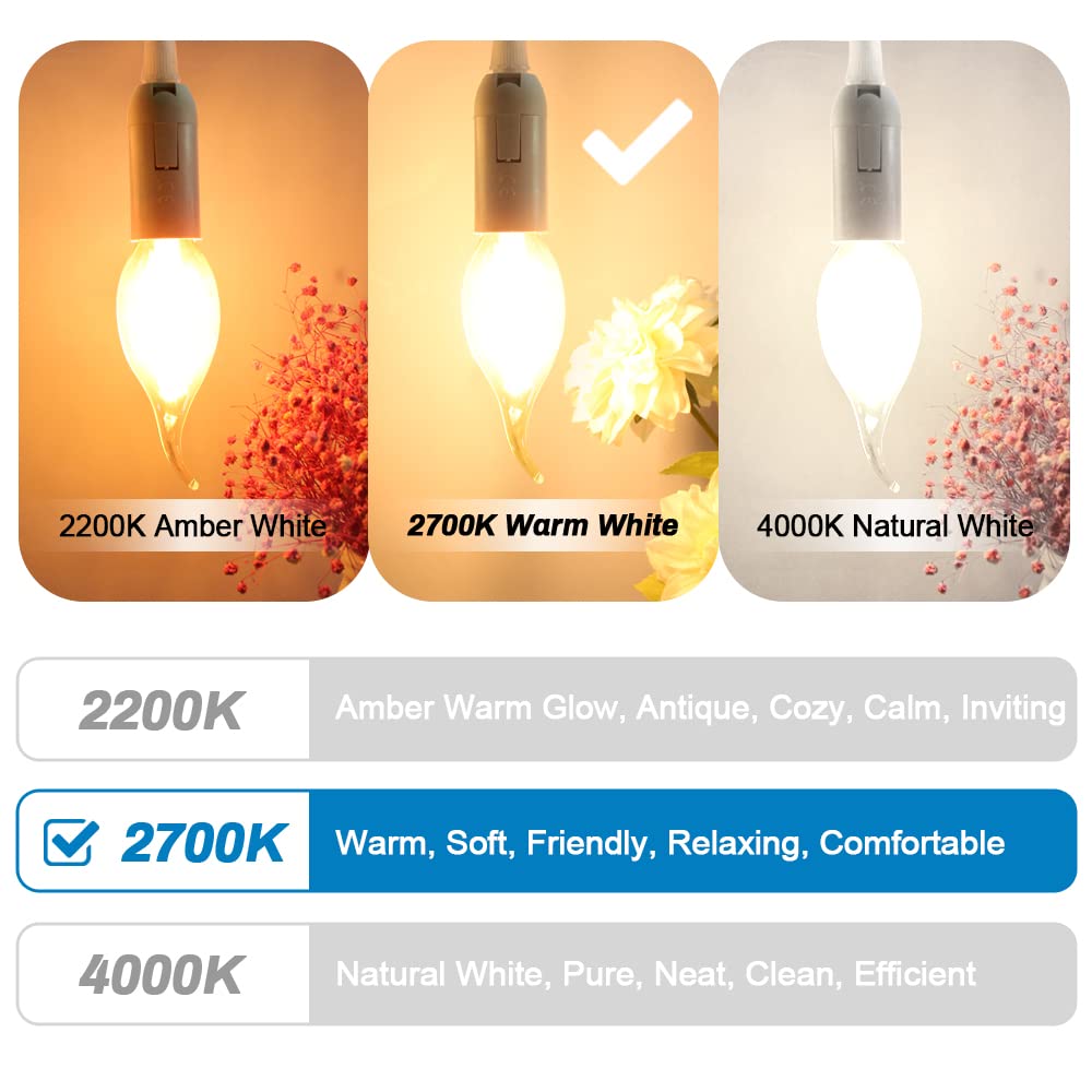 Langplus+ Dimmable E12 Candelabra Led Light Bulbs 4W 40W Equivalent, 2700K Soft Warm White Chandelier Bulbs, Flame Tip Candle Li