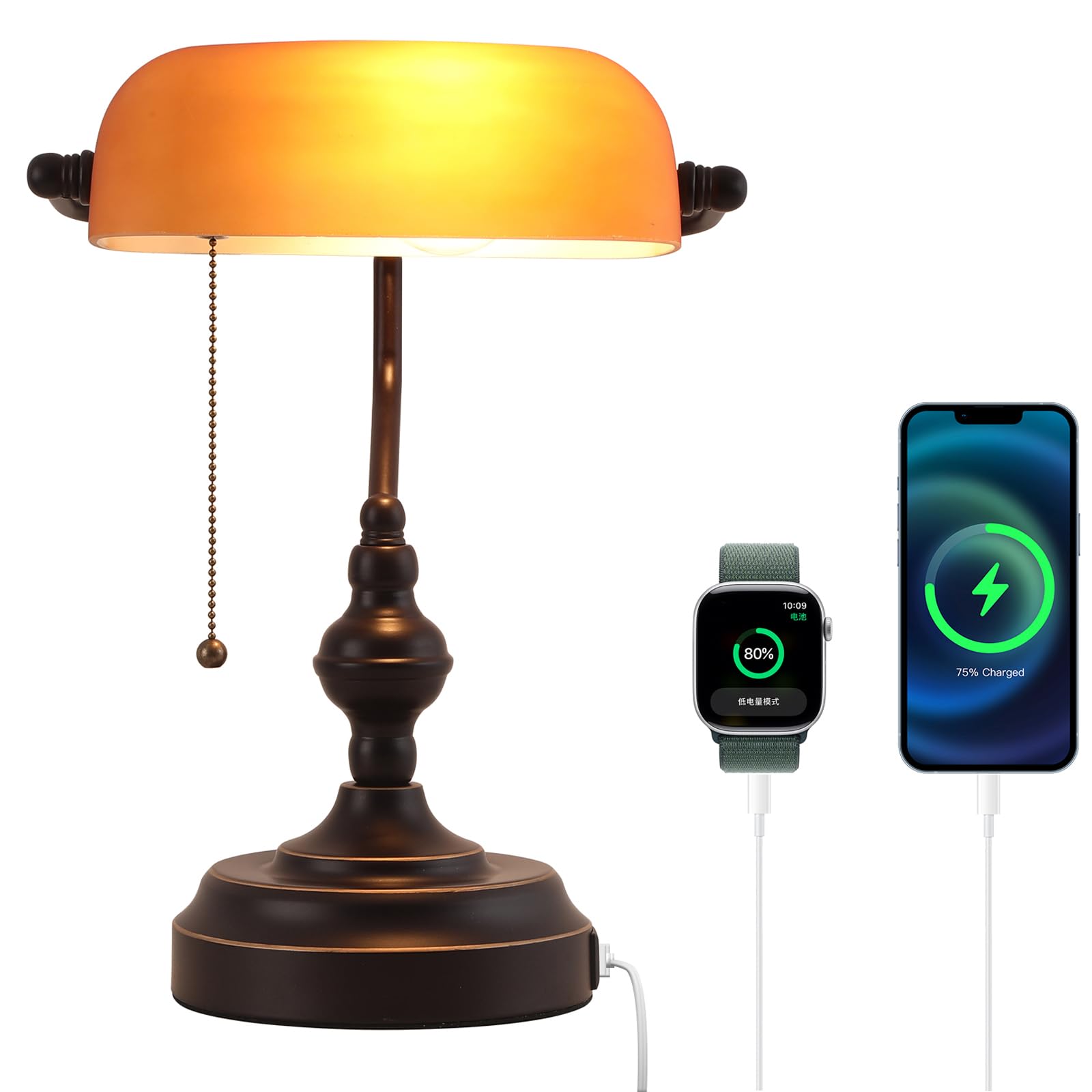 Liylan Bankers Desk Lamp with Pull Chain Switch, Vintage Bankers Desk Lamp with USB A and Type C Charging Port, Library Lamp fo