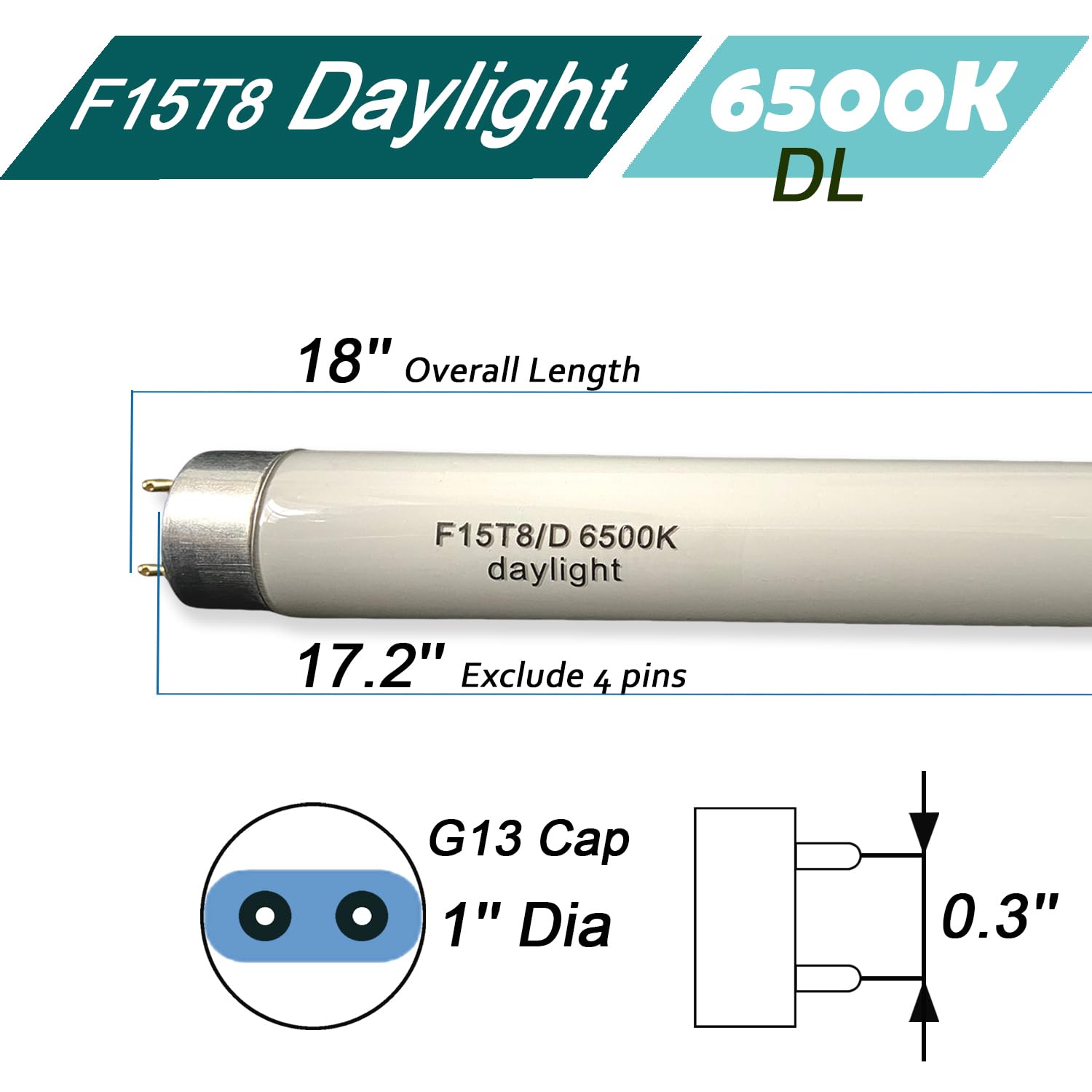 Flyercatch F15T8-D 15W Fluorescent Bulb, 18'' Daylight T8 Linear Glass Lamp, 6500K Full Spectrum for Aquariums & Plant Lighting
