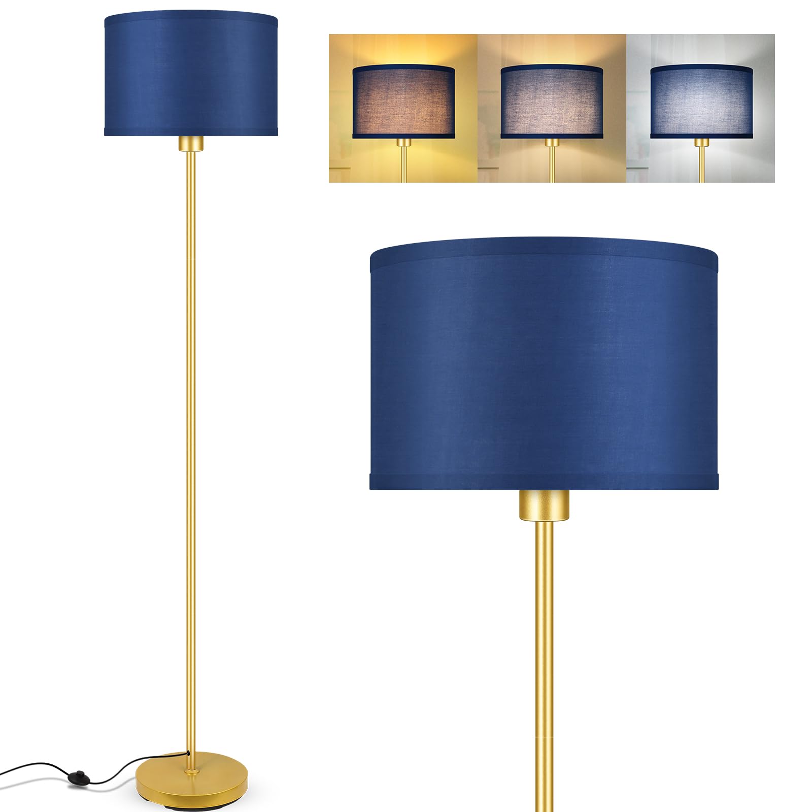 Floor Lamp Blue  Standing Lamp  58  Tall Floor Lamp With Lampshade  Foot Pedal Switch  Modern Simple Floor Lamps For Living Room/Bedroom/Den/Classroom  Gold Lamp For Boys  Gift(Without Bulb)