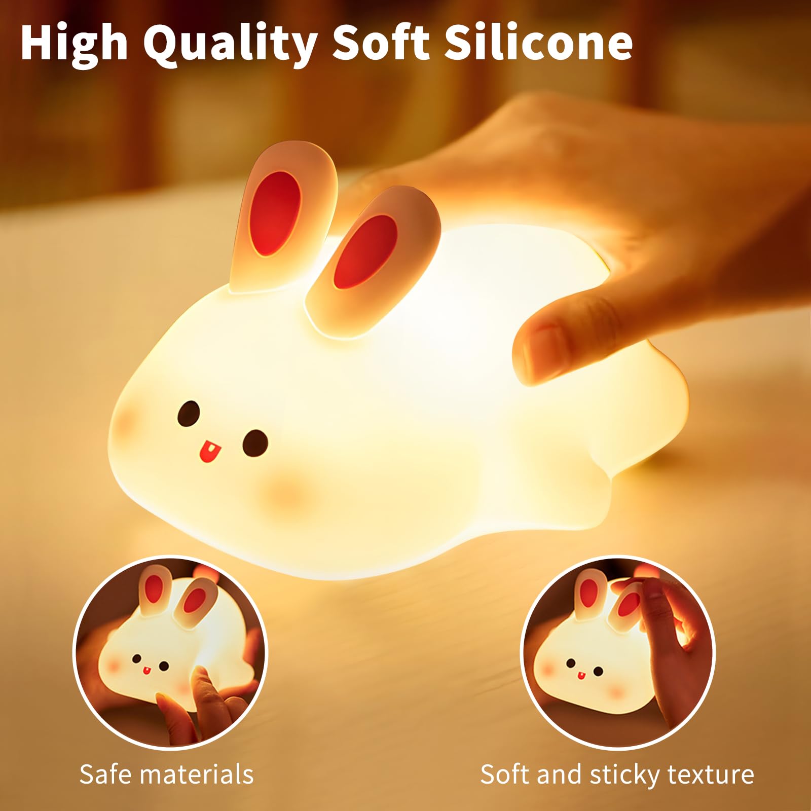 Hpydiy Cute Rabbit Night Light Squishy Animal Nightlamp Rechargerable Dimmable Nursery Bunny Lamp Soft Silicone Table Bedroom Lamp Portable Adjustable Lighting Bedroom Bedside Gift
