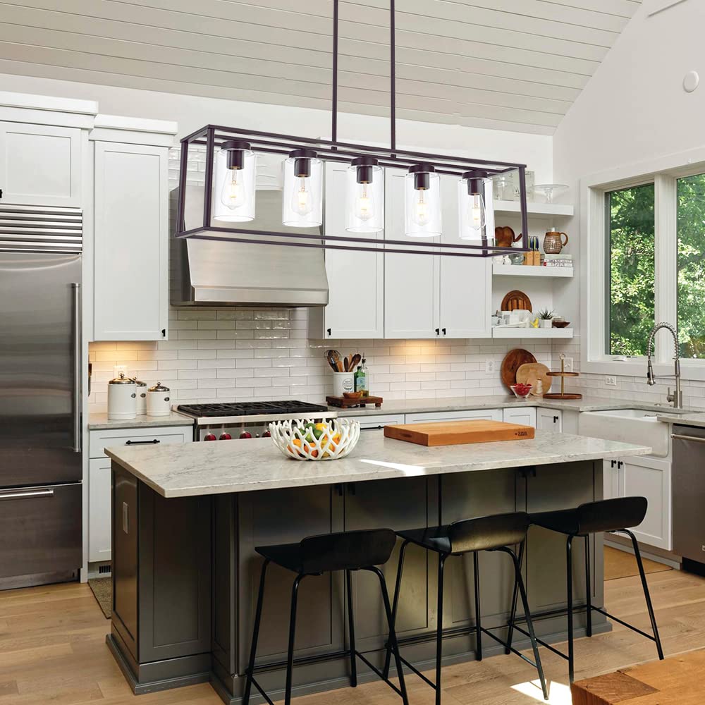 VINLUZ 5-Light Kitchen Island Chandelier, Oil Rubbed Bronze, Modern Metal Linear Pendant Lighting with Clear Glass Shades, Model 1811-5-OB