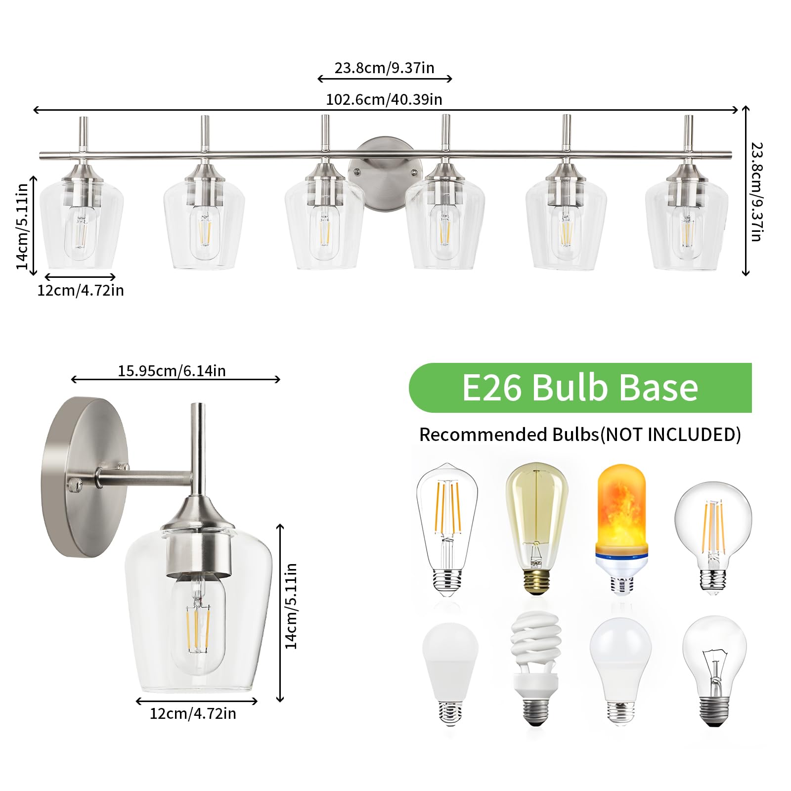 foucasal 6-Light Bathroom Vanity Light Fixtures, Brushed Nickel, Metal, Clear Glass Shade, Model ULB0046H-6SHANIE