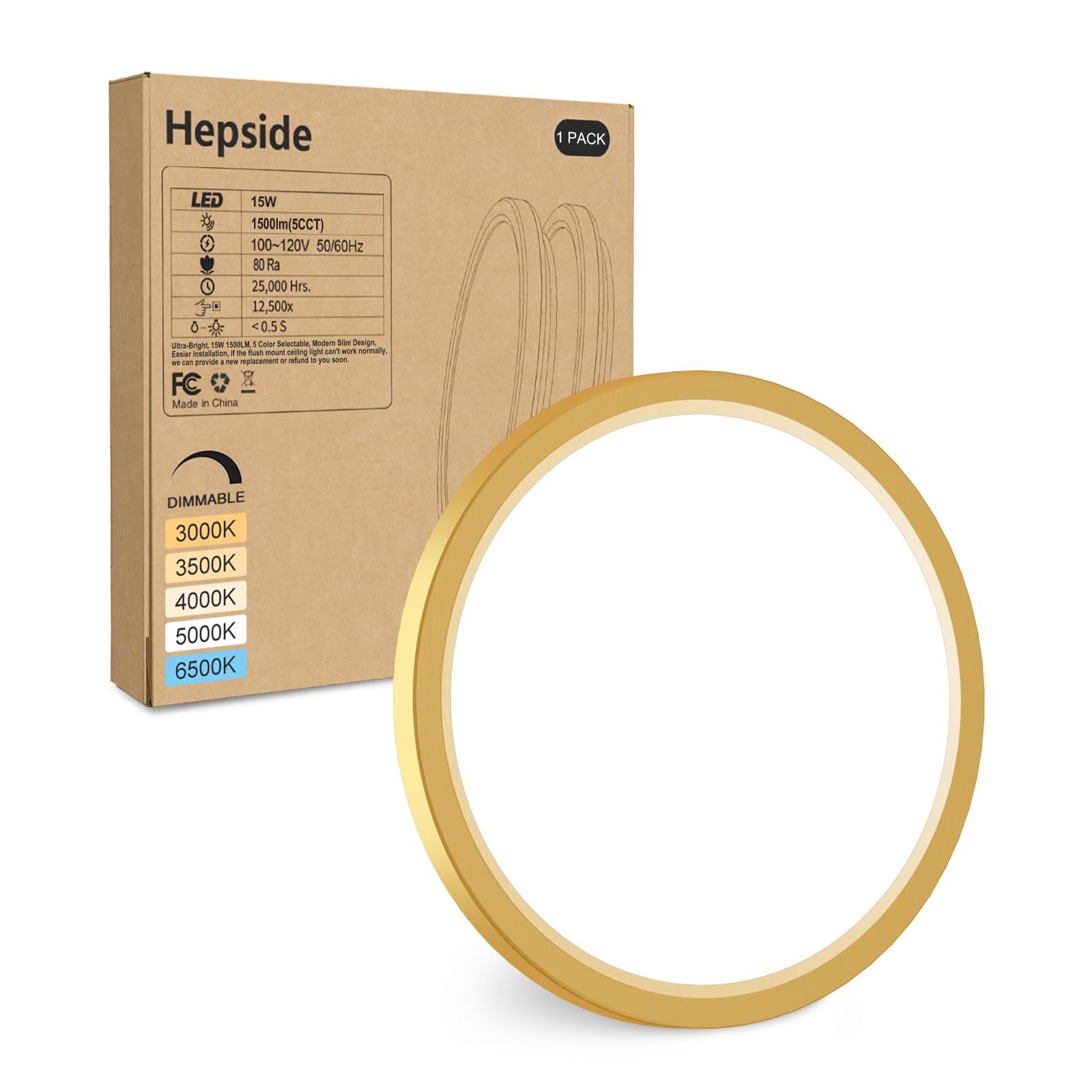 Hepside Led Flush Mount Ceiling Light Fixture Golden, 7Inch 15W, Dimmable&3000K-6500K Adjustable Low Profile Ceiling Lights, 150