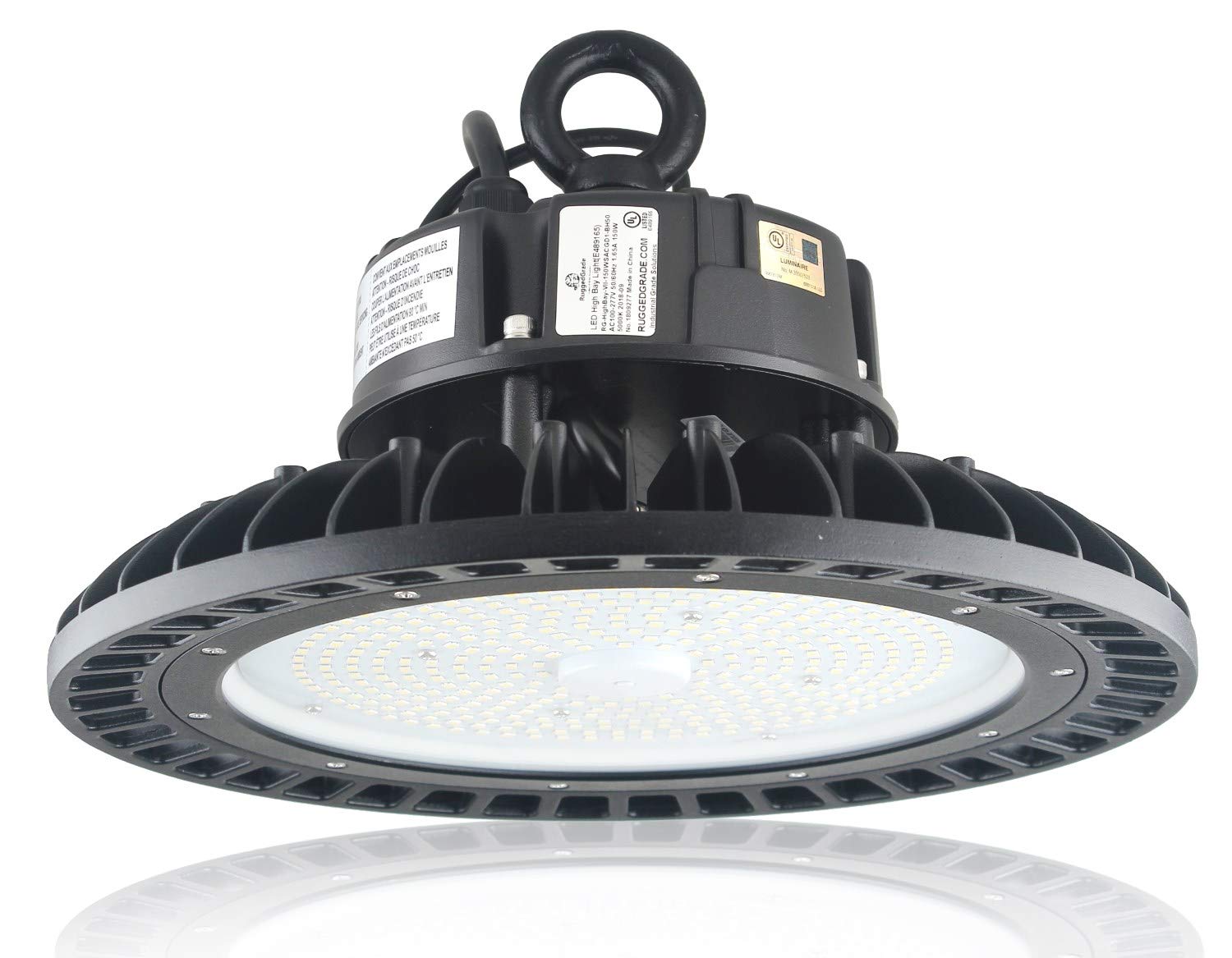 RuggedGrade High Voltage 277-480V - 150 Watt LED High Bay UFO Corvus Series Lights - 21,000 Lumen - 3.3ft Cord - 5000K Bright White