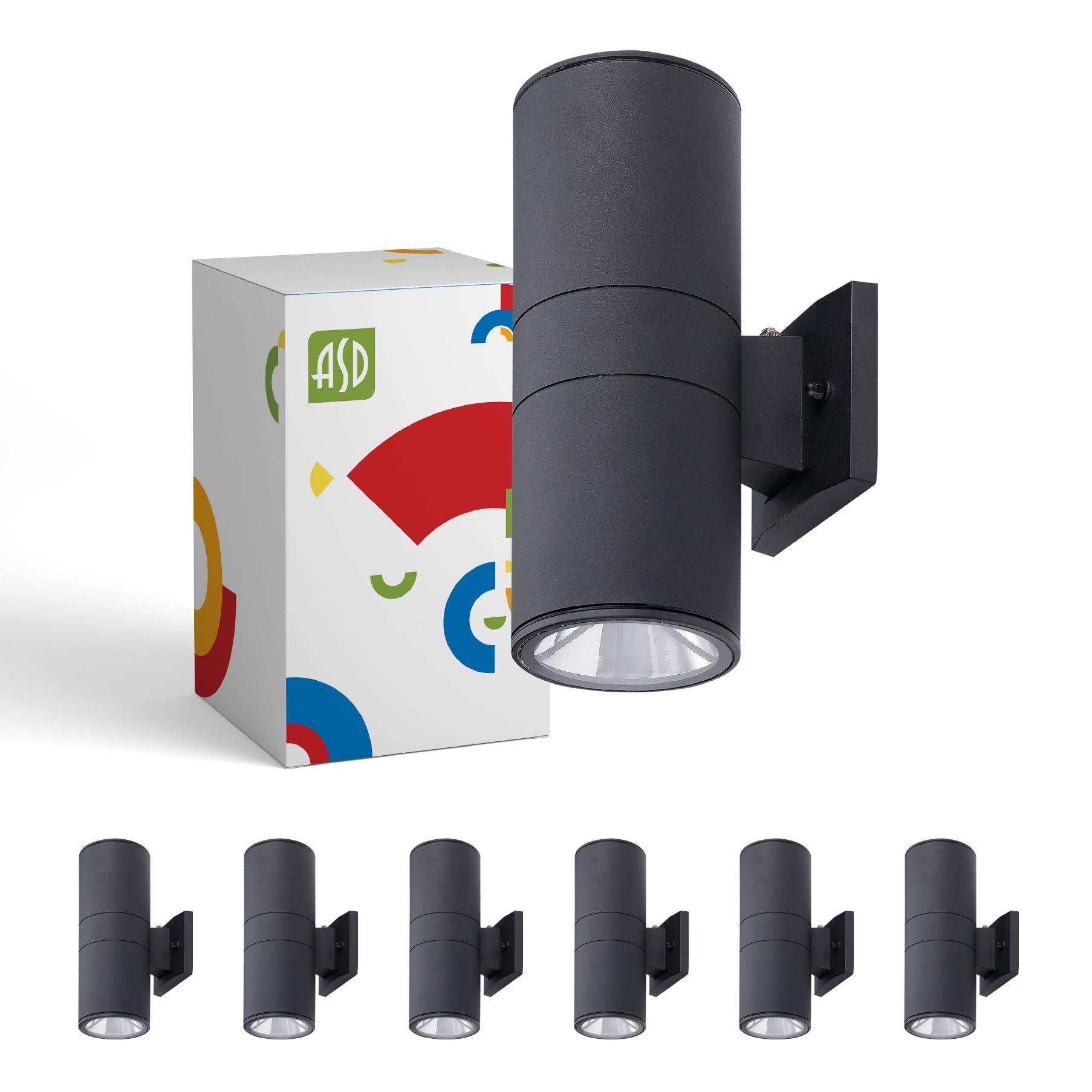 ASD 2 Light Dusk to Dawn Outdoor Wall Light Fixture | 120W E26 Bulb Socket 120V ETL Cylinder Up Down Lights | LED/CFL/Incandescent Bulb Exterior Wall Sconce | Front Door  Porch  Patio | Black  6 Pack