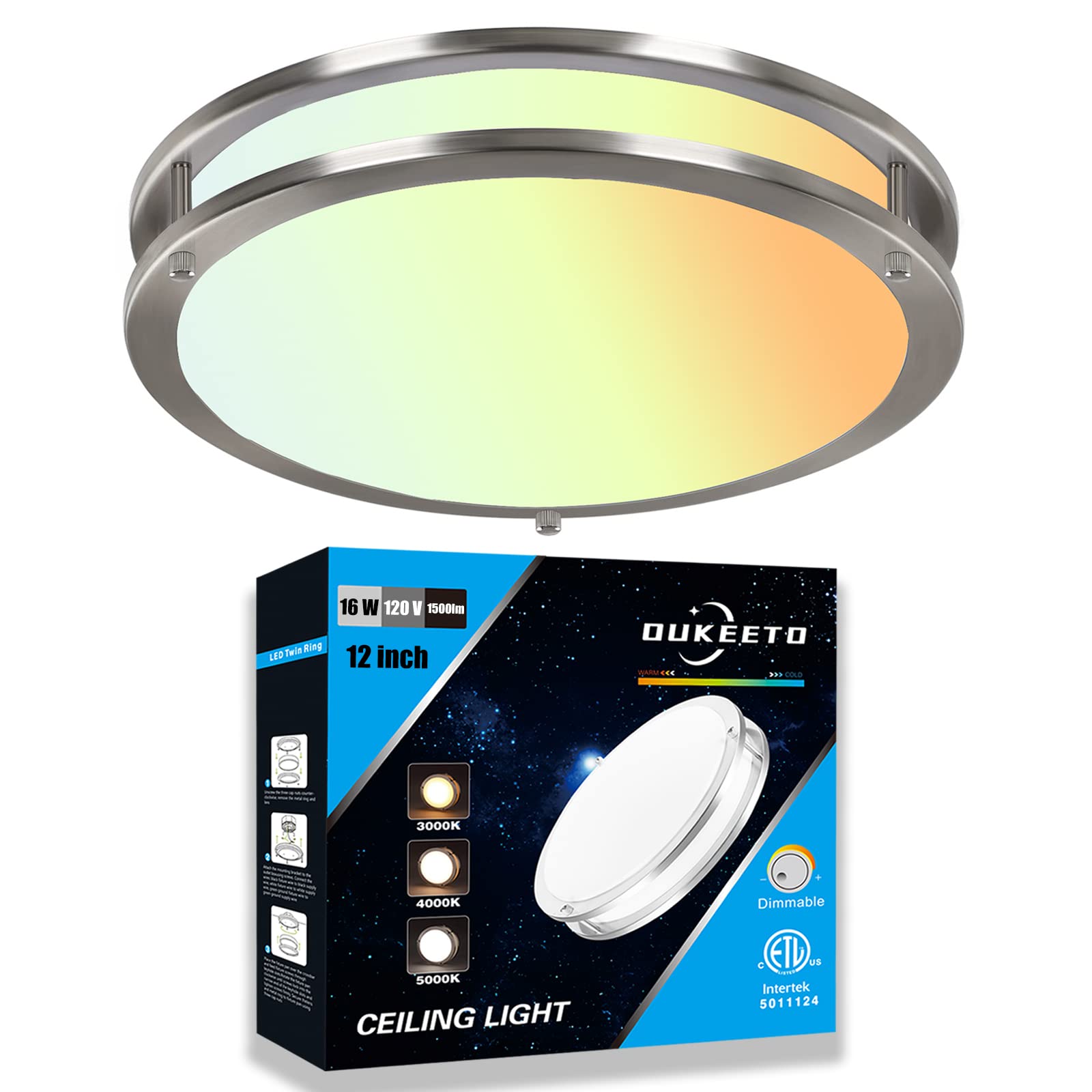 LED Flush Mount Ceiling Light - 12 Inch Ceiling Light Fixtures 3000/4000/5000K Adjustable, 16W (120W Equivalent), 1500LM, Dimmab
