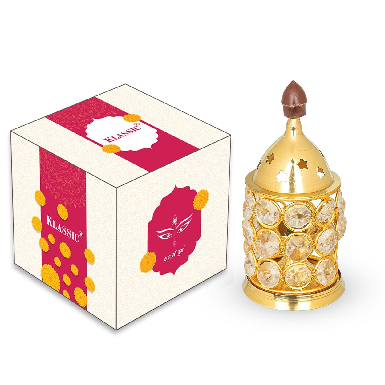 Klassic Decor Brass and Crystal Horizontal Shape Akhand Diya/Table Deepak/Oil Lamp with Plastic knob, Small Size ( Pack of 1, Go
