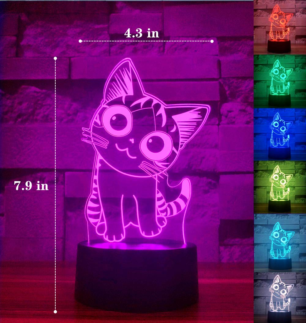i-CHONY Cat Table Lamp, 3D Illusion Night Light, Auto Color Changing, Plastic, for Kids, Cute Cat Gifts, Red, Blue, Green, Yellow, Purple, Cyan,