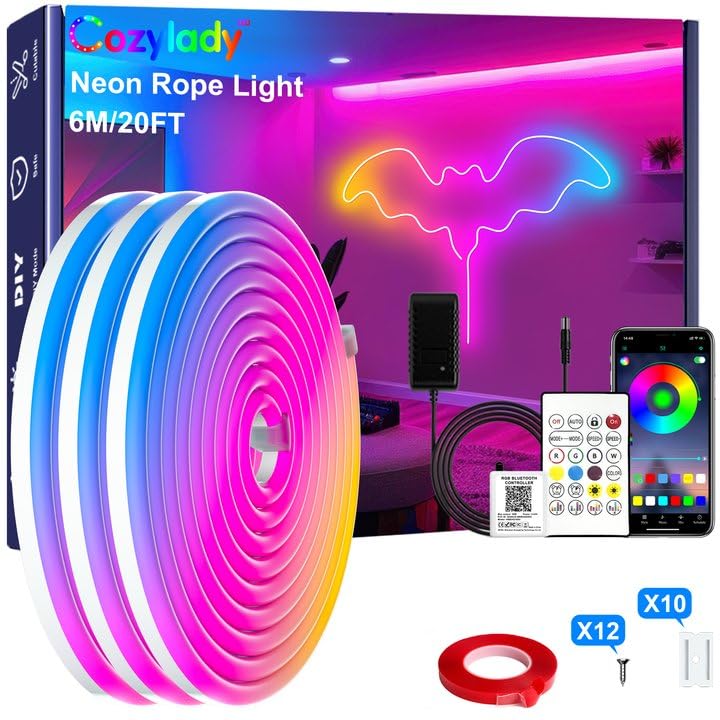 Cozylady RGB LED Neon Rope Lights, 20Ft Waterproof Strip, 7.5M, Multicolor, Model HX-WL3035-24V, App/Remote Control