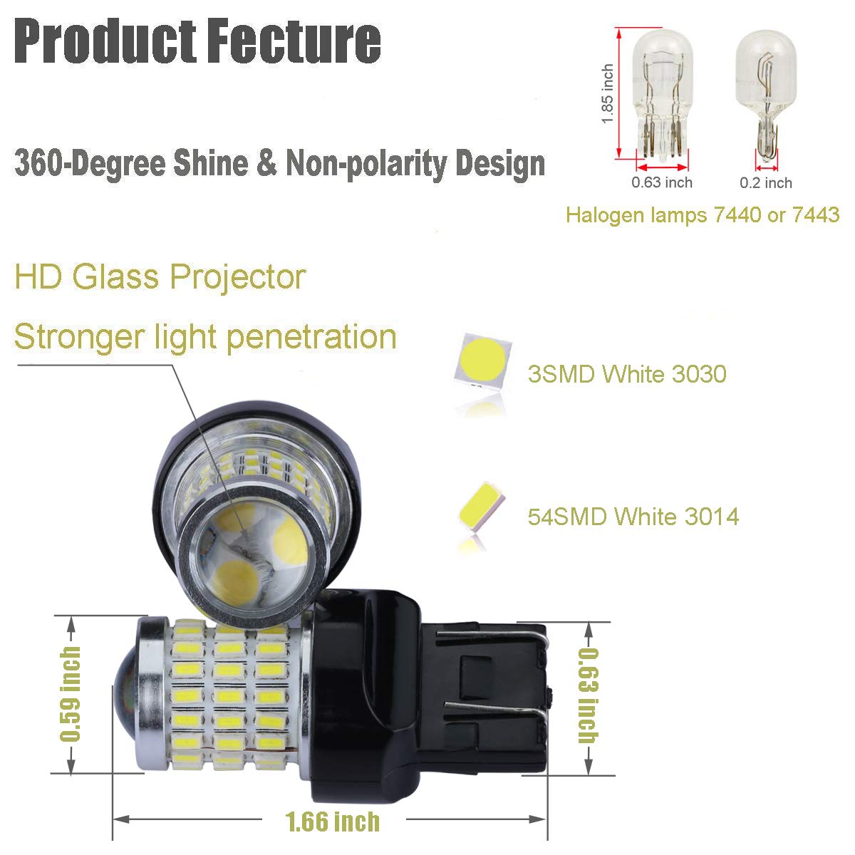 Ibrightstar Newest 9-30V Super Bright Low Power 7443 7440 T20 Led Bulbs With Projector Replacement For Back Up Reverse Lights Or