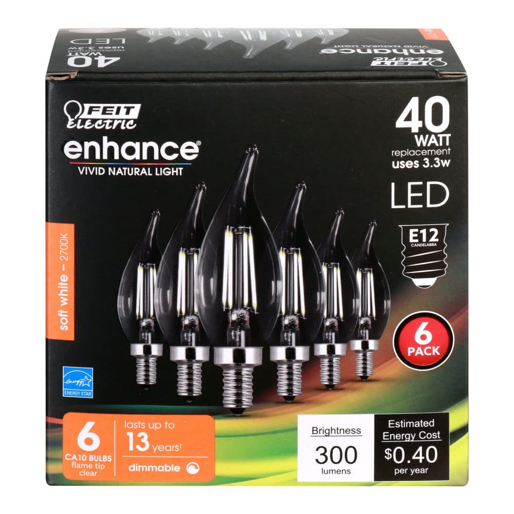 Feit Electric CA10 LED Light Bulb, Dimmable, 40W Equivalent, 300 Lumens, 2700K Soft White, Glass, 6-Pack