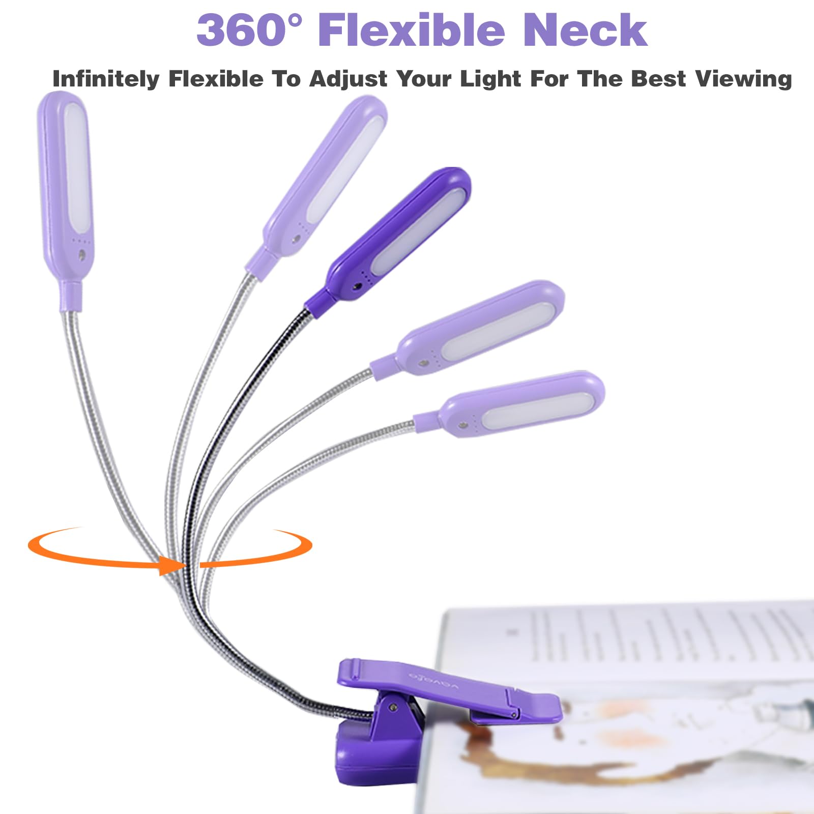 VAVOFO Rechargeable Book Light, 7 LED, 9-Level Warm Cool White, Eye Care Lamp, Dark Purple, Model KM-6720