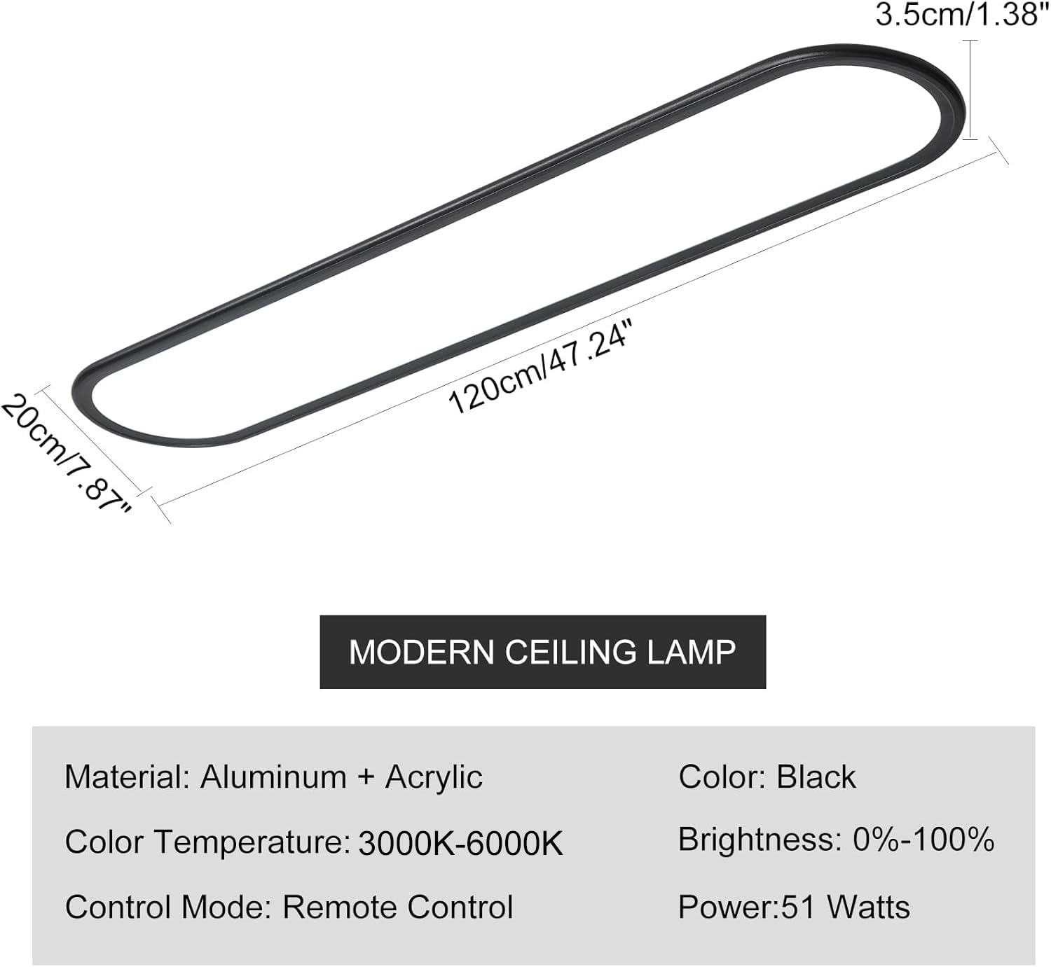 Ganeed LED Flat Panel Ceiling Light Fixture, 51W Dimmable, 47.24" Black, Model 2186-120B, Low Profile for Shop, Laundry, Kitchen,
