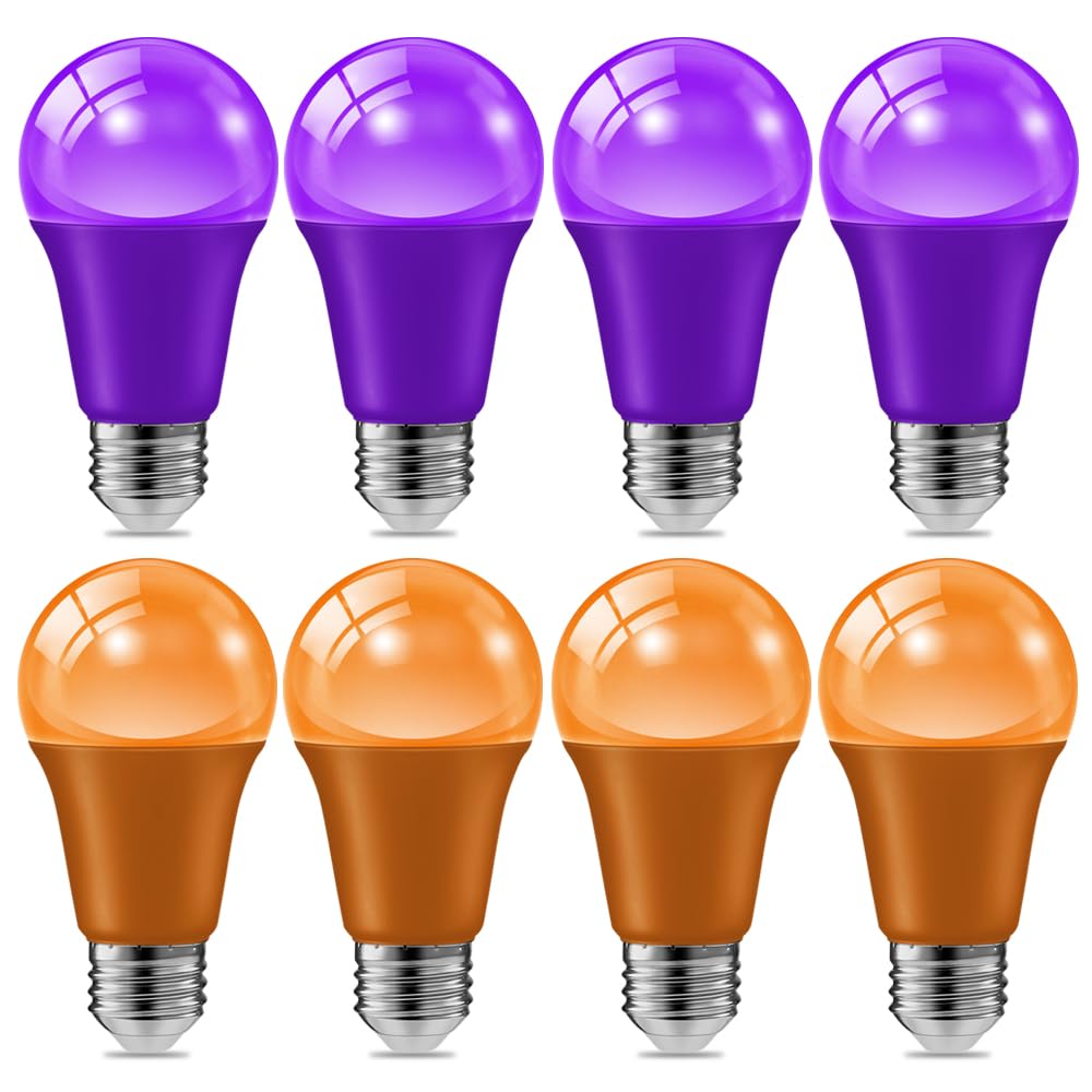 Haraqi 8 Pack 9W (60W Equivalent) 120V E26 Base A19 Led Colored Light Bulb  Orange And Purple Led Lights For Party Christmas Decor And Halloween Lighting