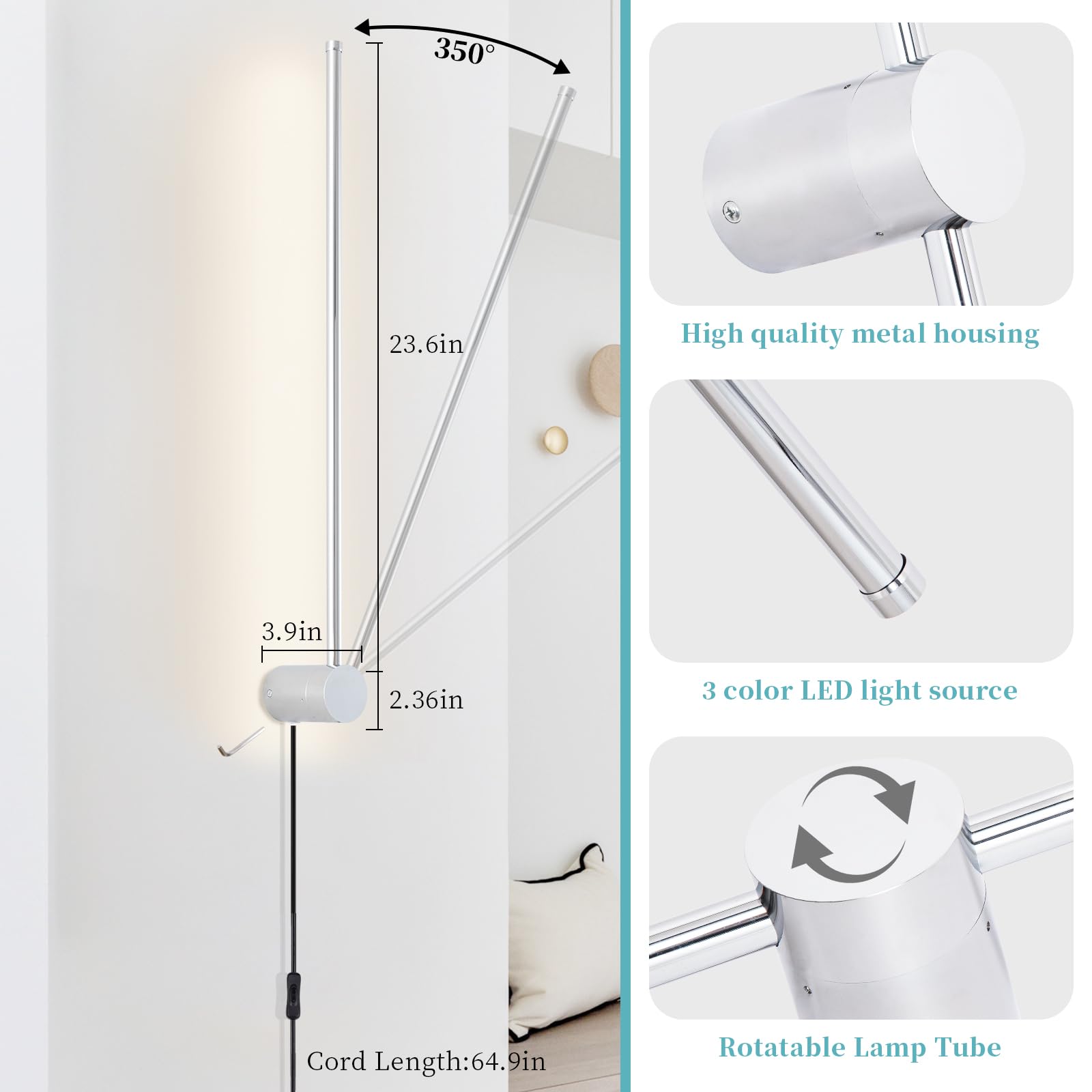 KELUOLY Modern LED Wall Sconces Set of 2, Chrome Dimmable 23.6" Aluminum Lighting for Bathroom, Bedroom, Living Room, Model RYDCT-G60
