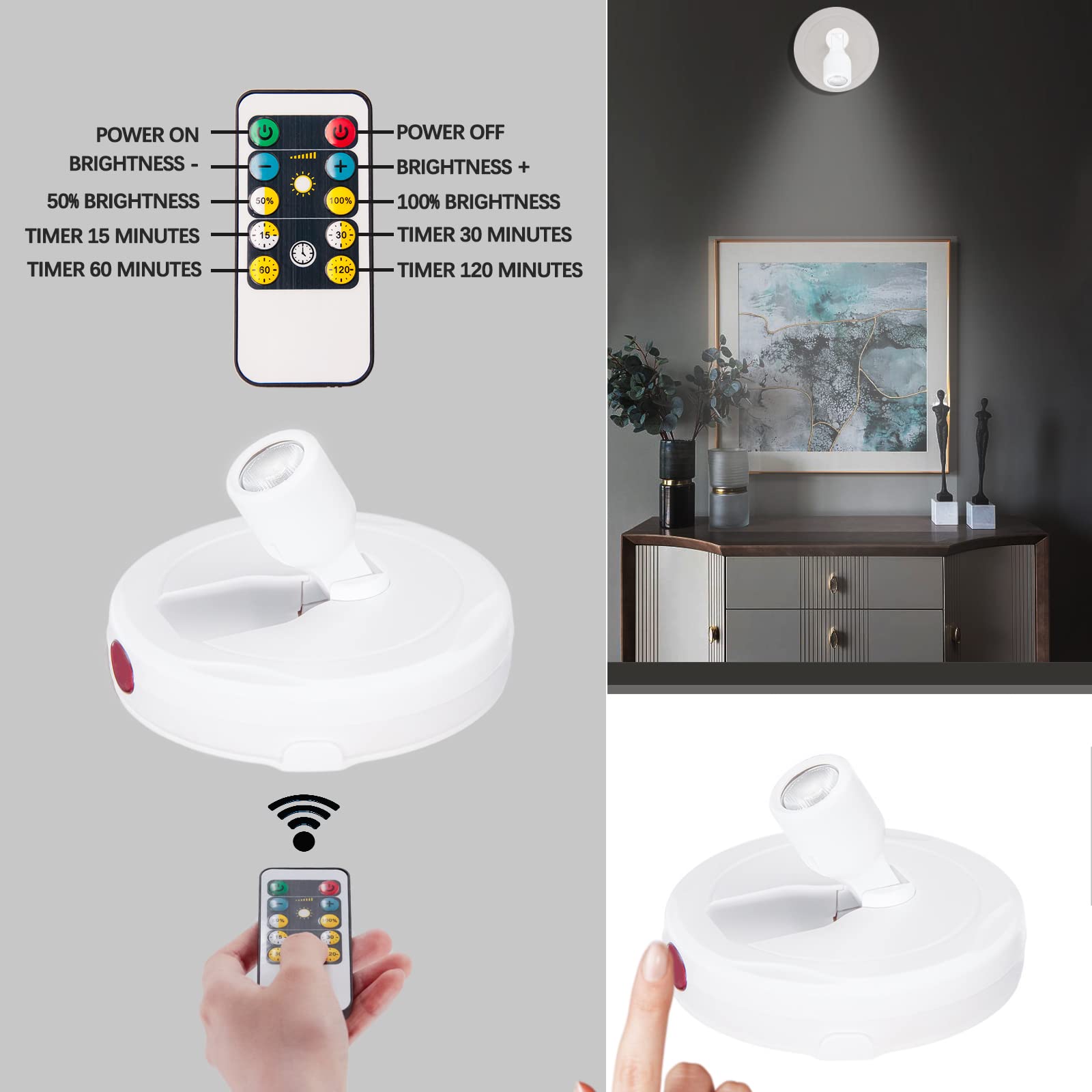 BERGUSTCH Battery Operated Spotlight - Remote-Controlled LED Picture Light, White, 2 Pack, Model B-SD007B-2