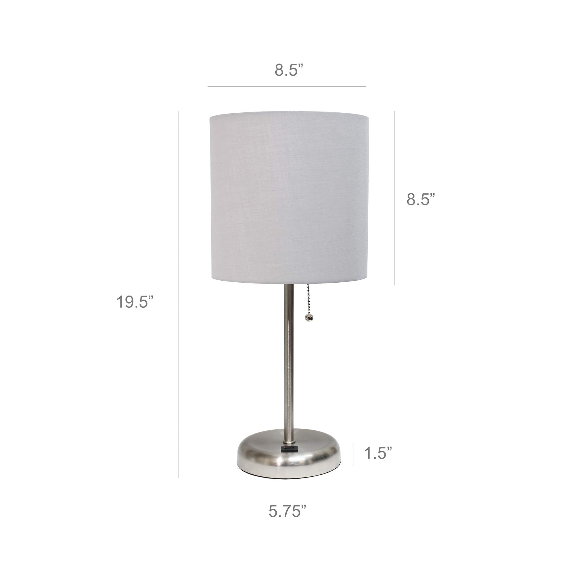 Simple Designs Lc2002-Gry-2Pk Brushed Steel Stick Table Lamp Set With Usb Charging Port And Gray Fabric Shades, 2 Pack Set