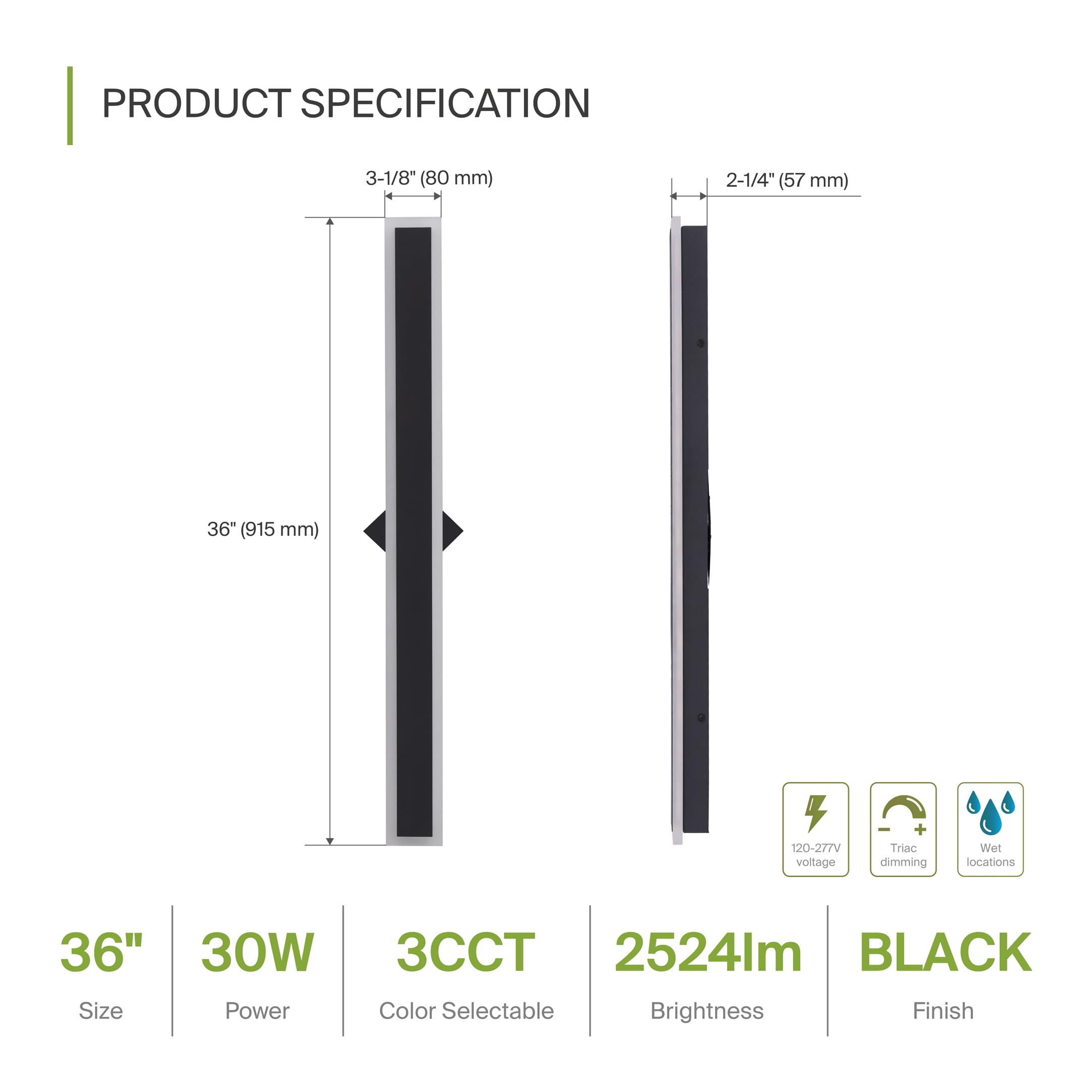 ASD LED Flush Mount Wall Light Fixture 36 Inch 30W 2500LM Dimmable Waterproof Black A-LWS27N-36D30BK
