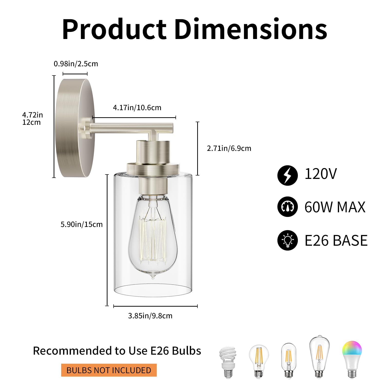 Buthy Bathroom Wall Sconces Set Of Two: Brushed Nickel Vanity Light Fixtures With E26 Base Led Cordless Indoor Wall Mount Lamp For Mirror Bedroom Hallway Stairway Modern Decor Lighting