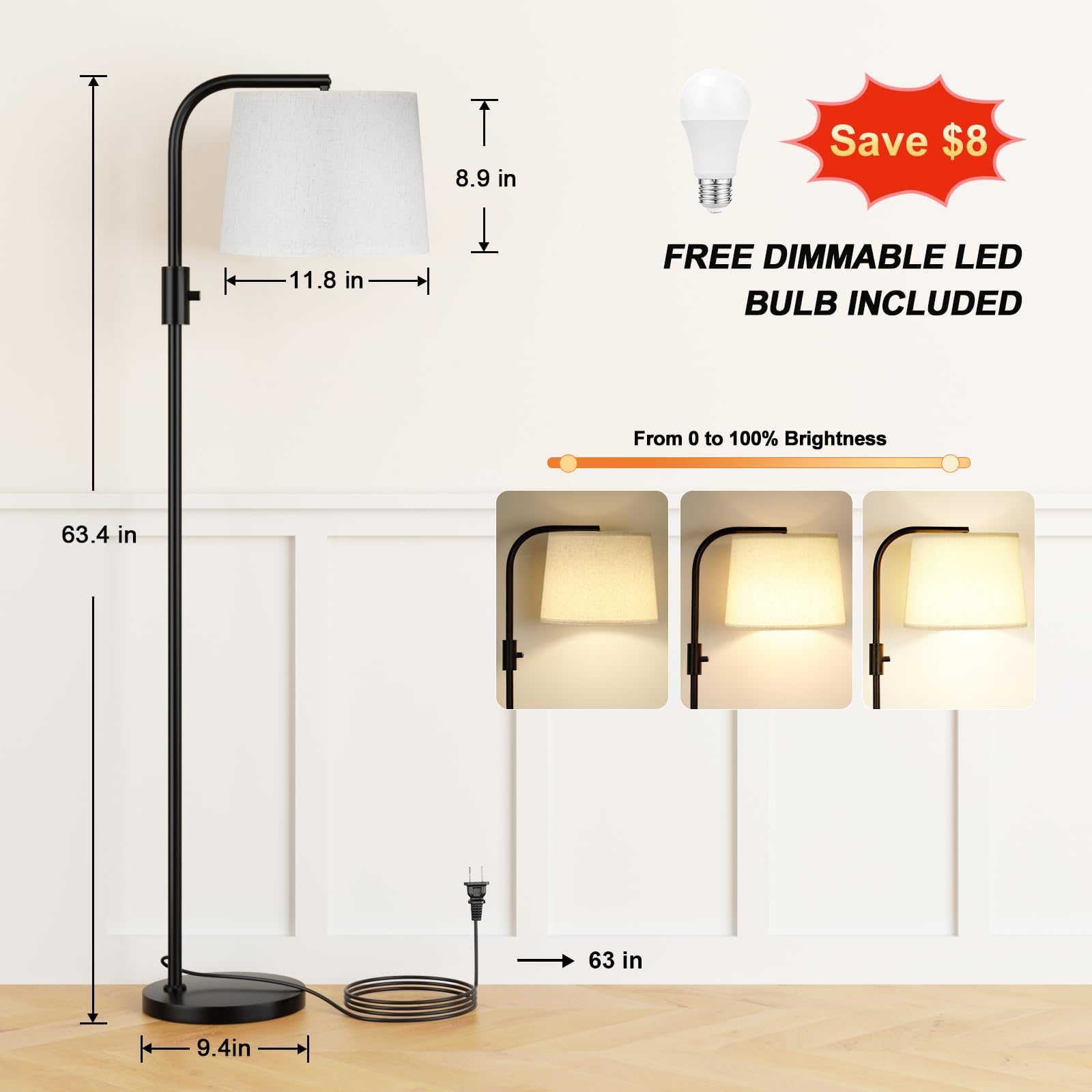 Ambimall Fully Dimmable Floor Lamp - Floor Lamps 9W Led Light Bulbs, Standing Lamps For Living Room, Tall Lamp For Bedroom (Blac