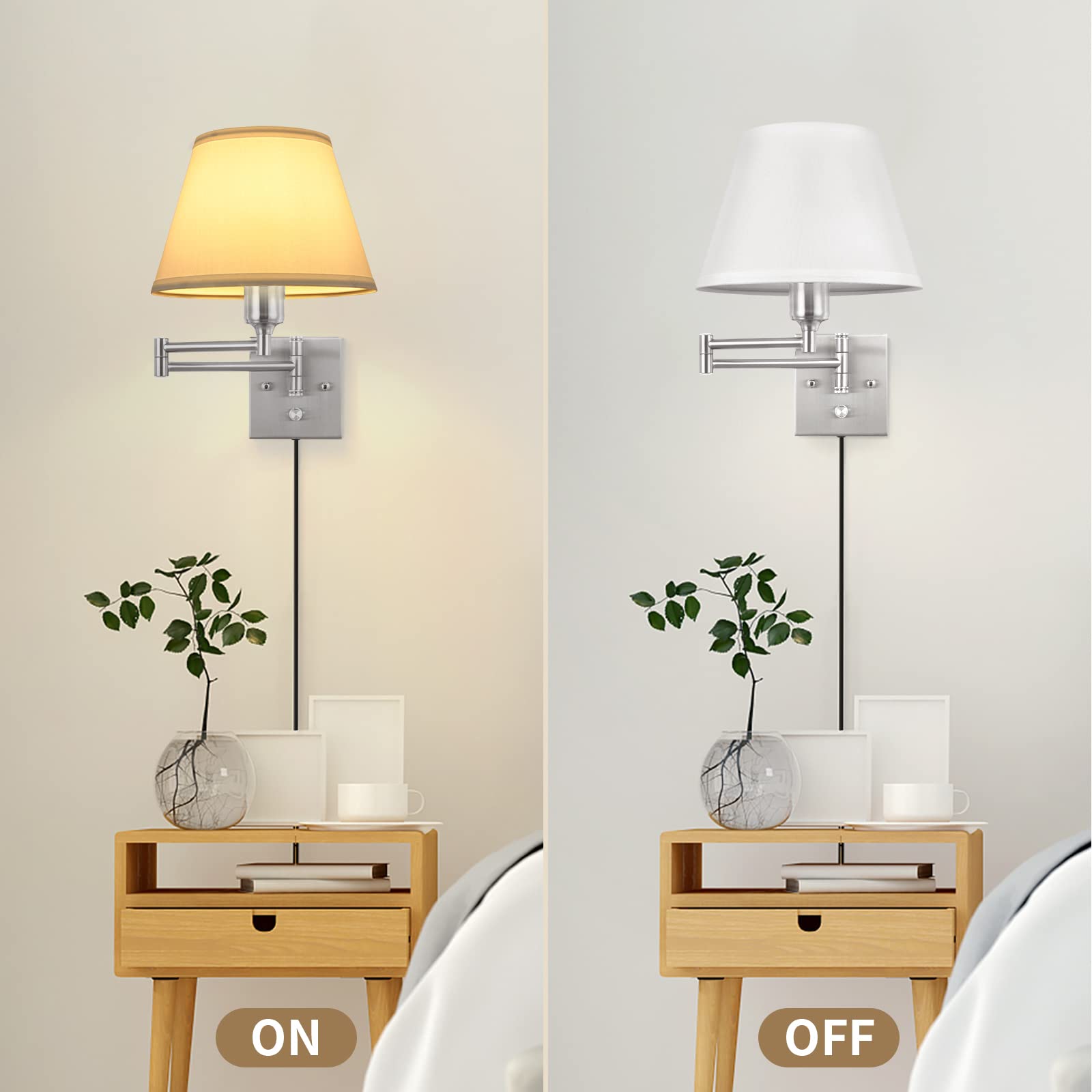 TRLIFE Wall Sconce Set of 2, Dimmable Brushed Nickel Swing Arm Lights, Medium White Fabric Shade, Model BYsconce-M-Whi
