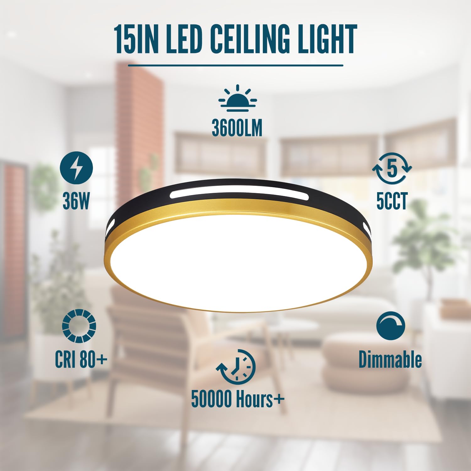 Wheatronic LED Flush Mount Ceiling Light Fixture, 15·36W, Dimmable, Black and Gold, Model C3, 2-Pack