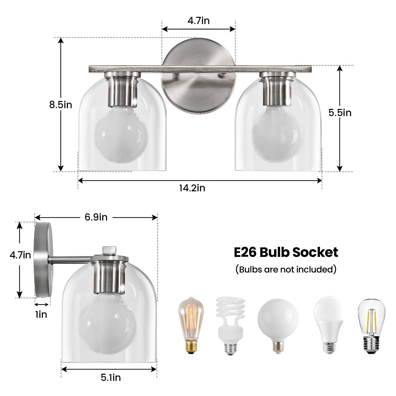 Woshitu Modern Brushed Nickel 14.2 Inch Bathroom Vanity Light Fixtures: 2 Light Sconces With Clear Glass Shade For Above Mirror,