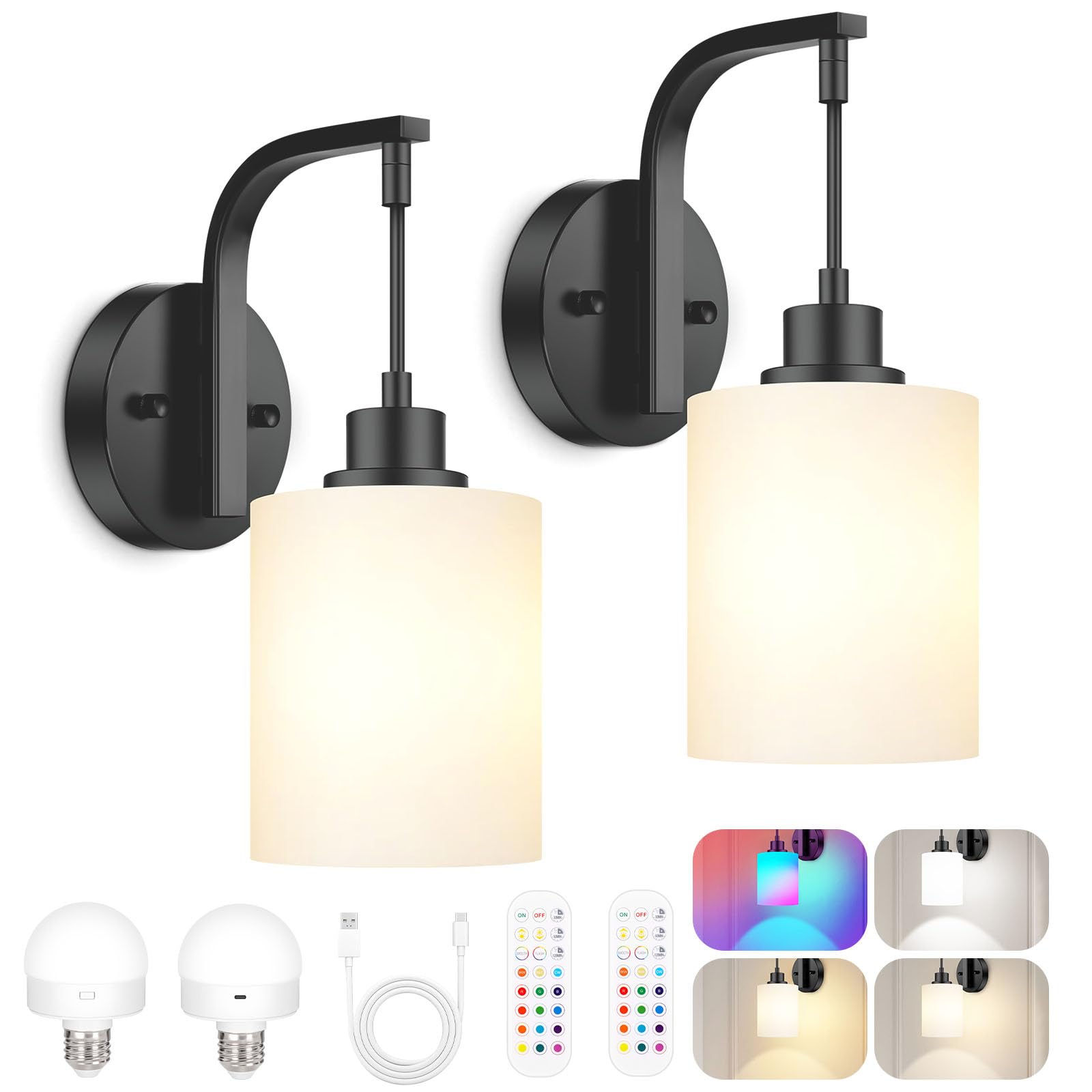 Battery Operated Wall Sconce Set Of 2, Wireless Rechargeable Wall Lights, Glass Wall Lamps With Remotes And Dimmable Rgb Led Bulbs, No Wiring Indoor Sconces Wall Decor For Bedroom Living Room Hallway