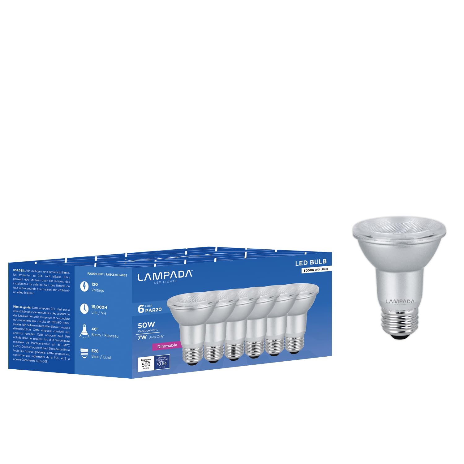 Lampada Par20 Led Dimmable Flood Light Bulb, 500 Lumens, 5000K Bright White, Pack Of