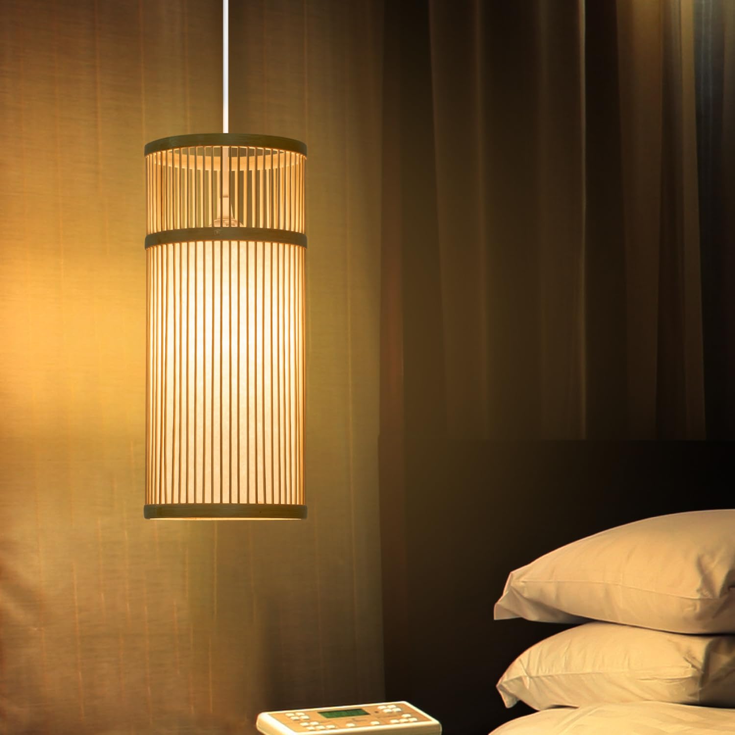 2 Pack Bamboo Pendant Light - Mini Pendant Lights Bedroom - Natural Hand-Woven Bamboo Light Fixture For Home Decor