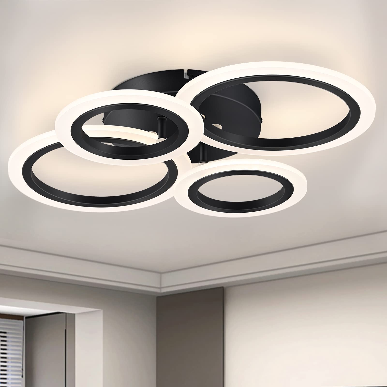 Teminbu Modern Led Ceiling Light, Black 4 Rings Flush Mount Ceiling Light, 4000K Lighting Fixture Ceiling Lamp For Kitchen, Bedroom, Living Room, Laundry Room