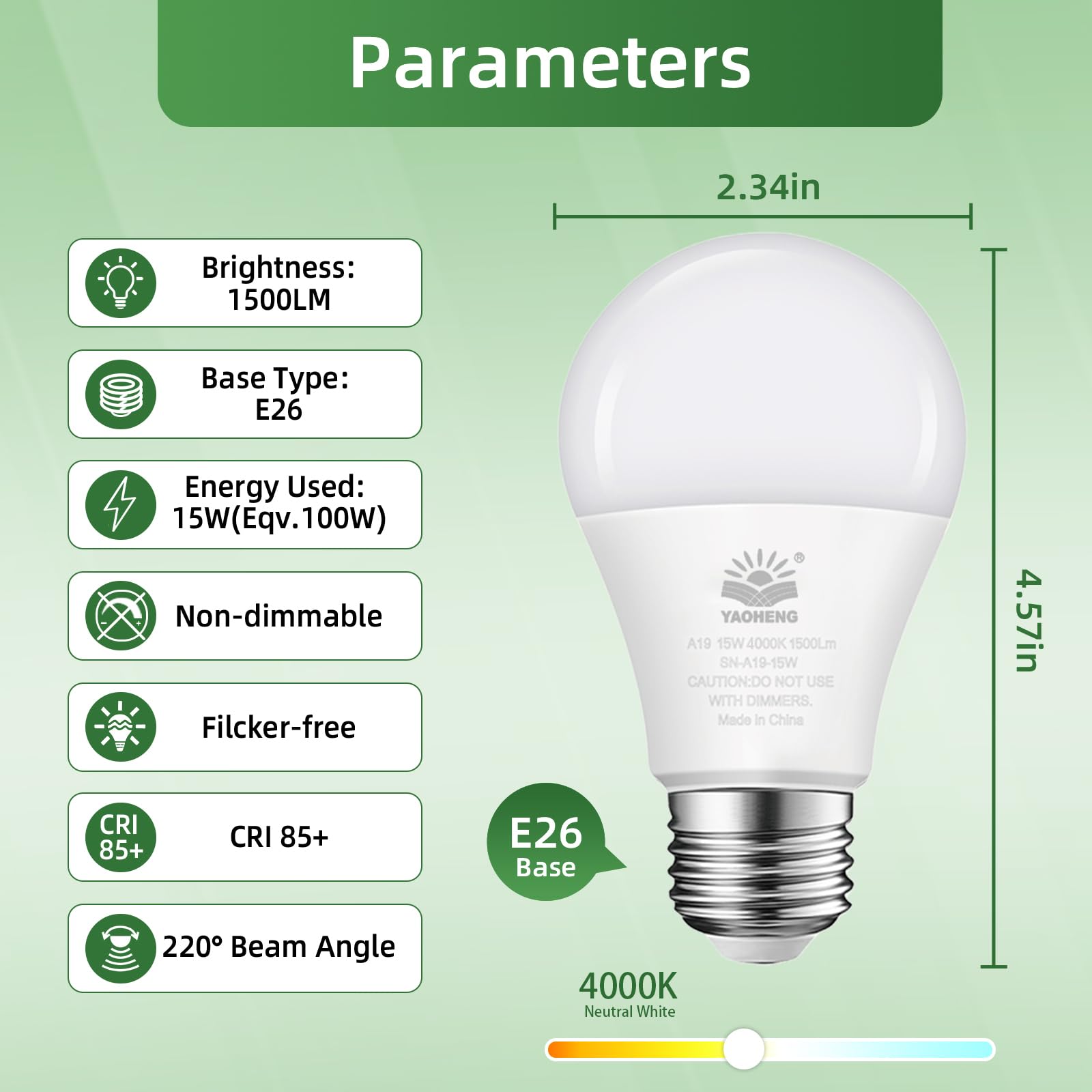 Yaoheng A19 Led Light Bulb, 100 Watt Equivalent Led Bulbs, 4000K Neutral White, 1500 Lumens, Standard E26 Base, Non-Dimmable, 15