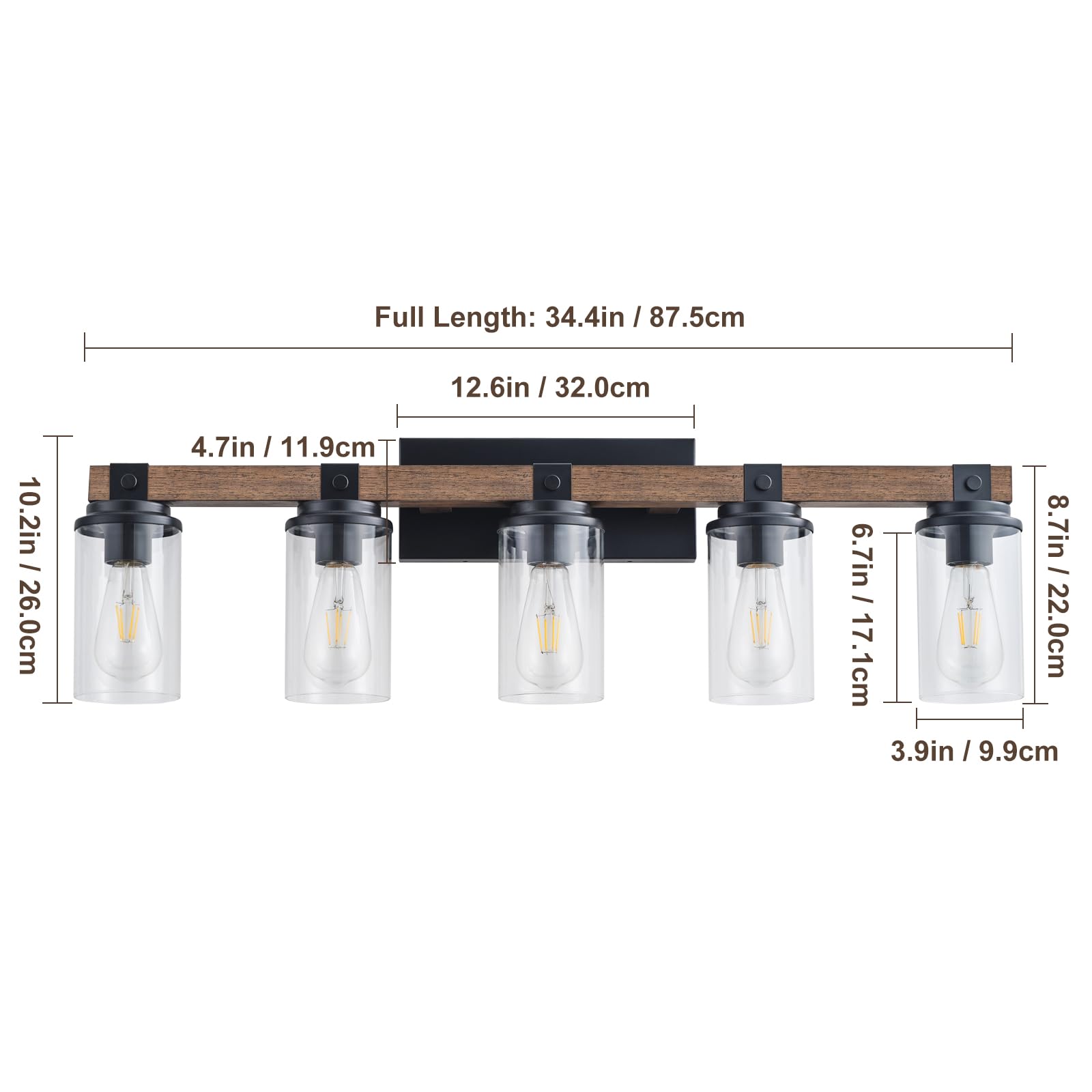 Goyeel 5-Light Farmhouse Bathroom Vanity Lighting - Wooden Wall Fixture With Clear Glass