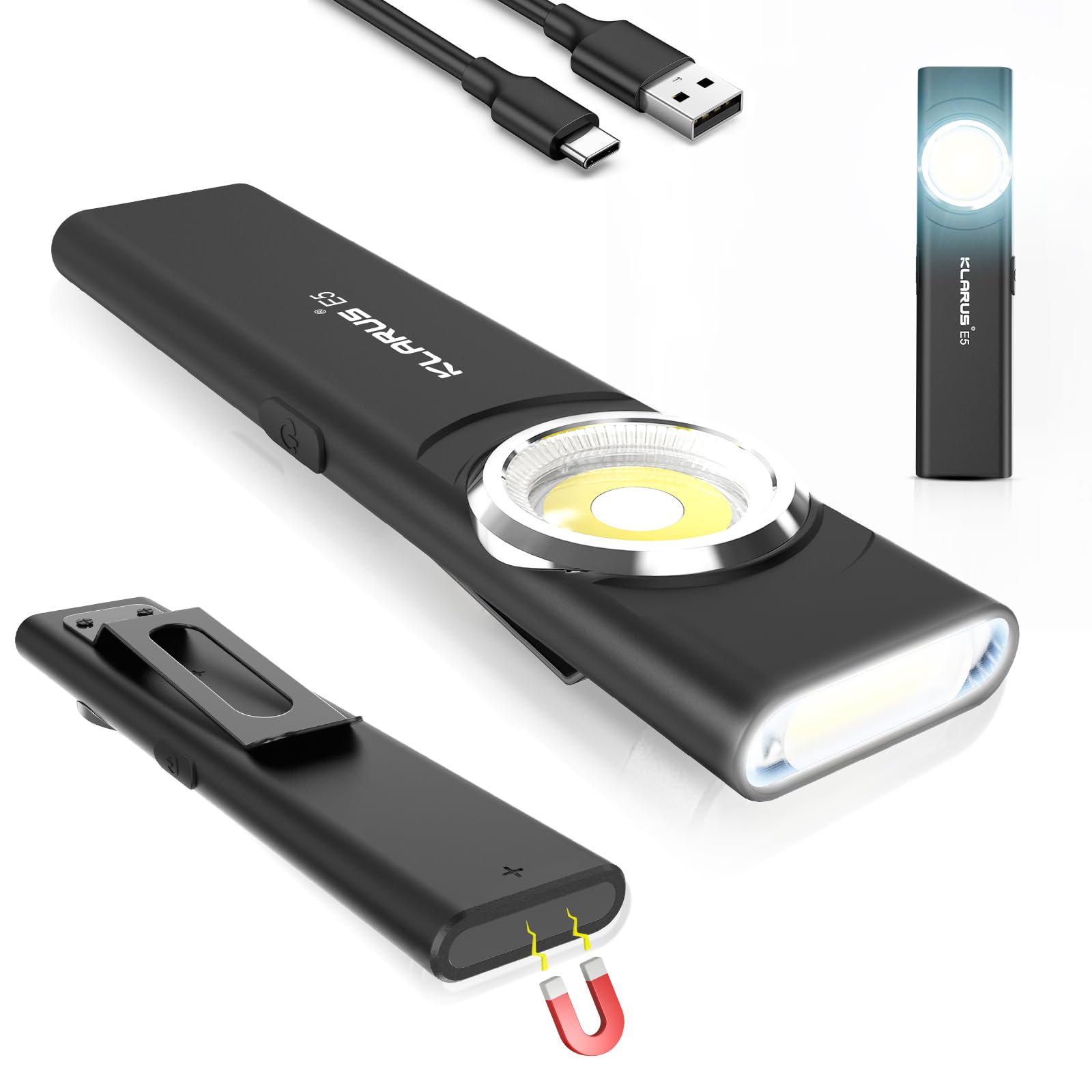 Klarus E5 Pocket Flashlight, 600 Lumens, Rechargeable, USB-C, IPX4, Magnetic Base, Black, 4.2x1x0.3 inches